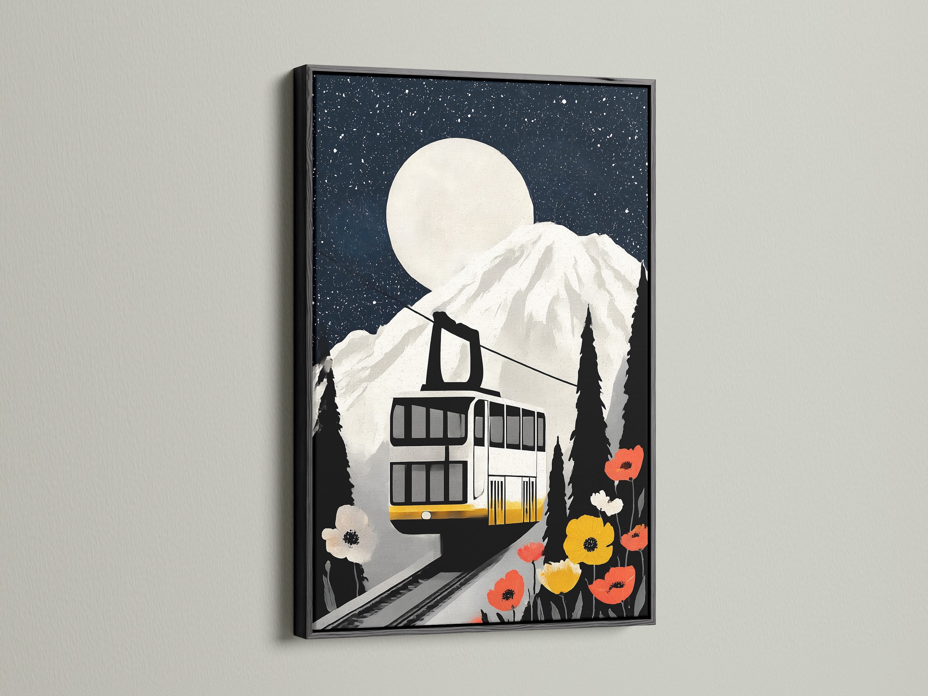 Mountain Railway artwork is framed in black. This vintage cable car canvas art enhances your living room wall bedroom office and ski lodge. The alpine wall decor brings an adventurous feel to any space. It is great for cabins and boutique hotels.