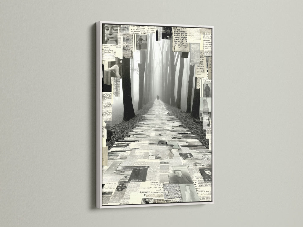 This image shows a Foggy Forest Path art piece with a white frame. The black and white collage creates a mysterious ambiance. This artwork is perfect for adding a touch of dark academia to your study room. It is a great choice for homeowners renters and interior designers seeking modern art.