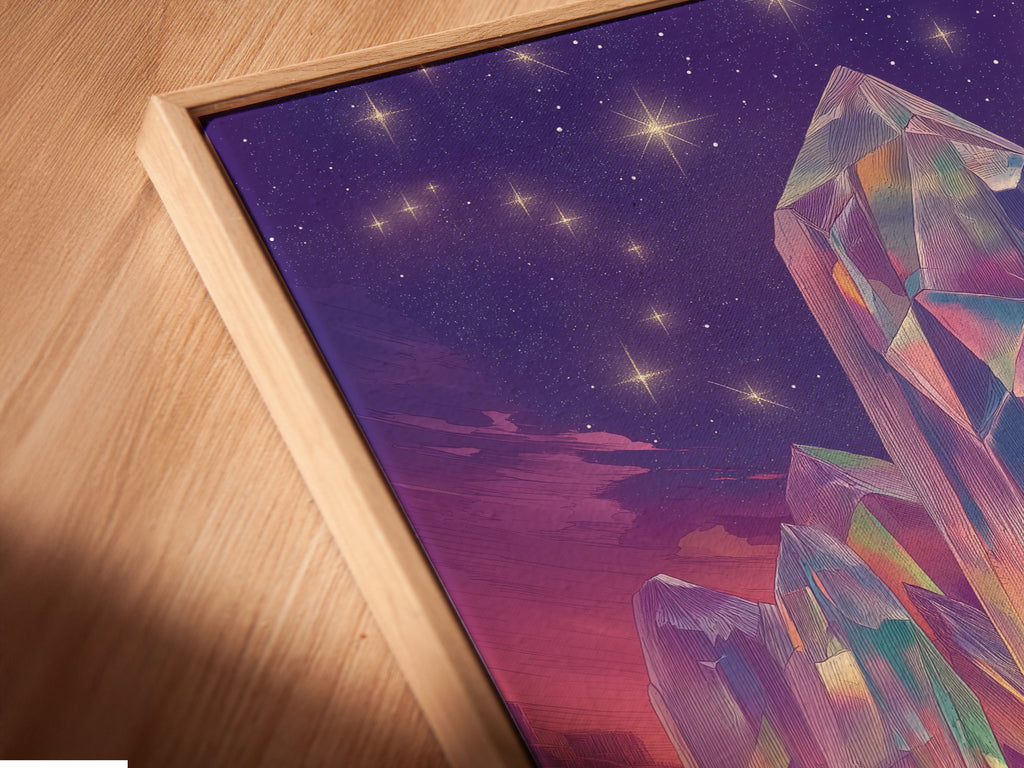 A close-up angled view of a canvas print in a floating frame. The Crystal Fantasy Art Print looks stunning in this modern frame. The mystical purple landscape is perfect for adding surreal artwork to your home or office. Shop now.
