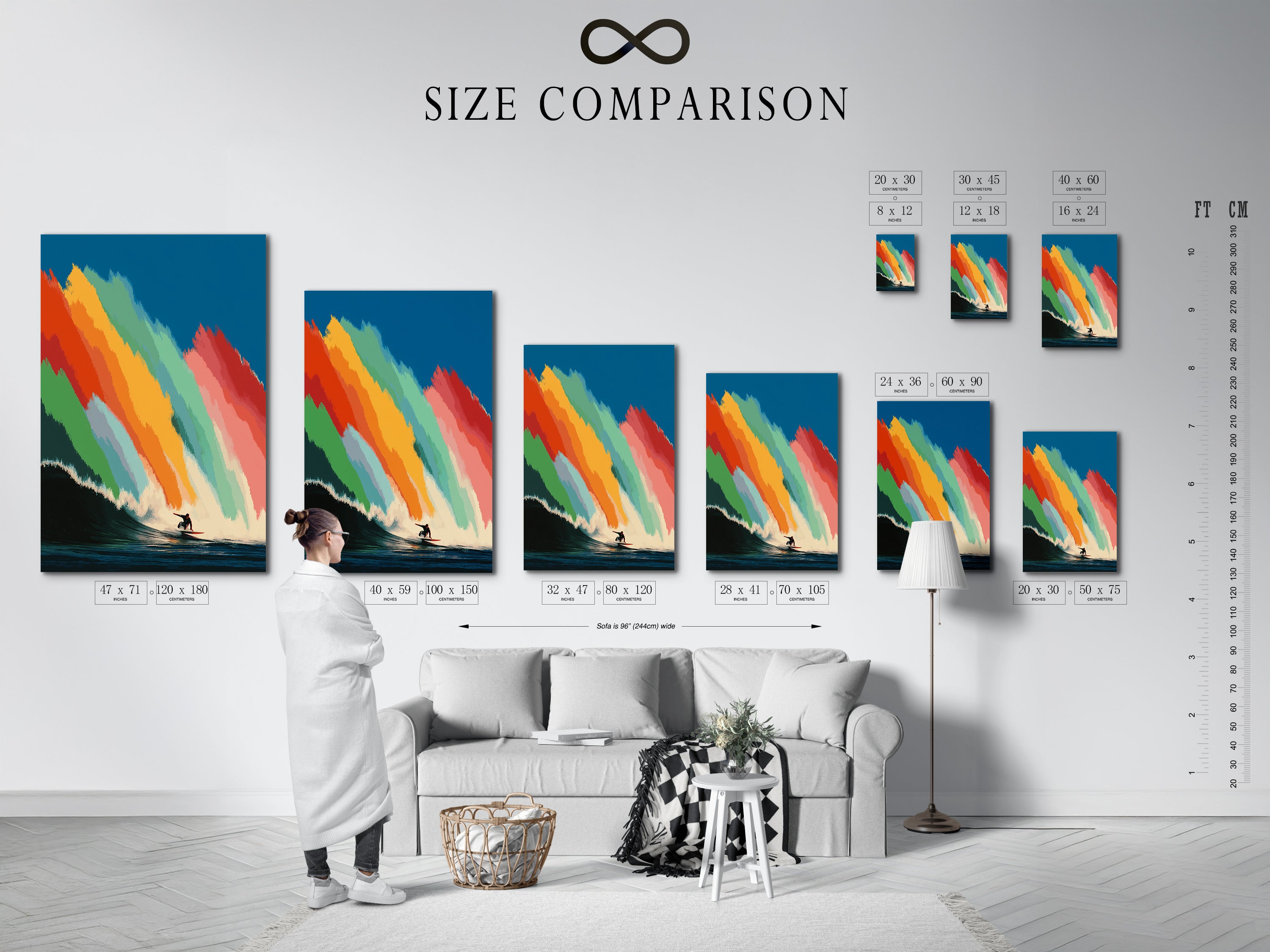 Room-size comparison chart showing artwork scale options