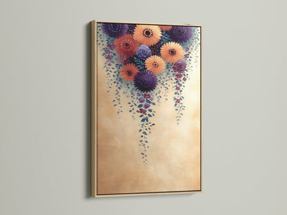 The Floral Cascade Canvas Print is framed in a light oak. Perfect for showcasing purple and peach flower artwork. This botanical wall decor elevates minimalist Scandinavian or eclectic styles. Perfect for living rooms and bedrooms
