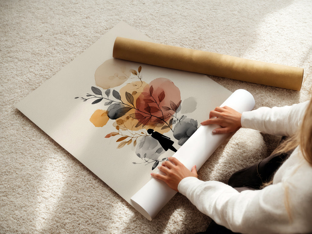 Abstract Botanical Art Print - Minimalist Woman Silhouette, Neutral Tones Wall Decor, Modern Nature Artwork, Boho Home Decor