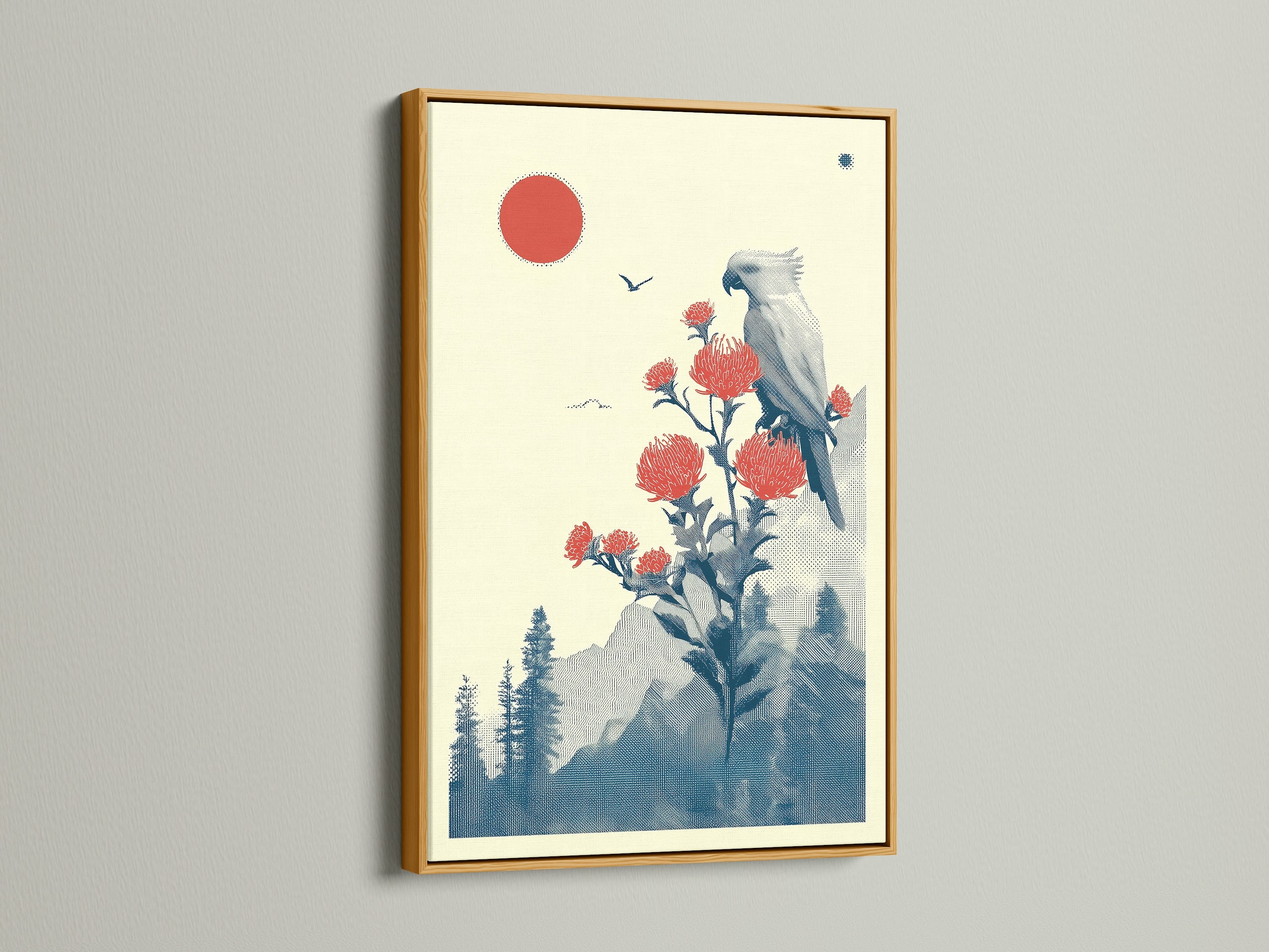 Japanese Bird Artwork with Red Sun in a Gold Frame. Add a touch of elegance with this vintage bird print. The gold frame enhances the oriental art's beauty. Perfect for living rooms.