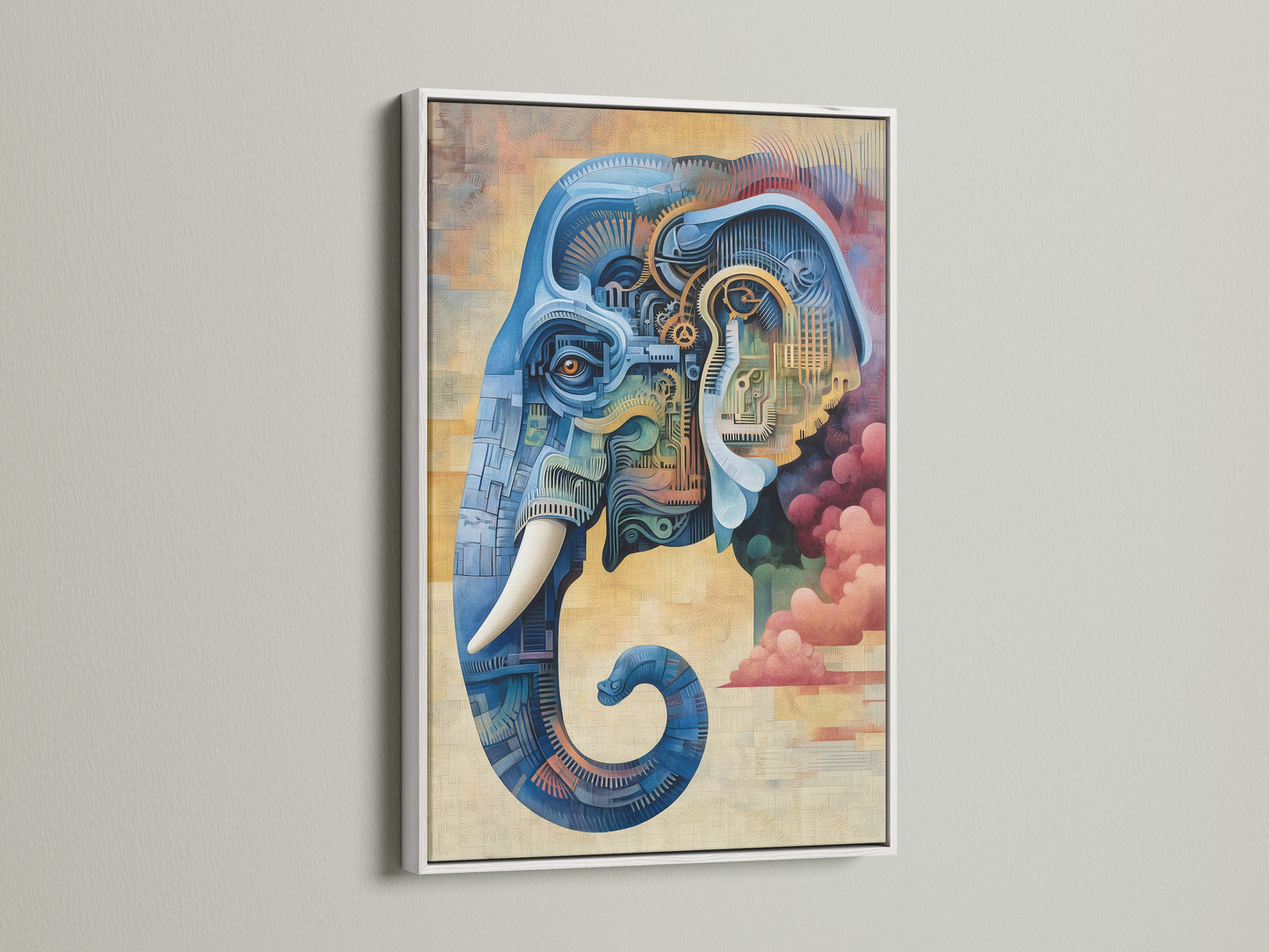 A white frame highlights this steampunk elephant canvas art. The mechanical animal artwork features intricate details and vibrant colors. The blue and pink industrial artwork is perfect for adding a modern touch to your living room or office. 