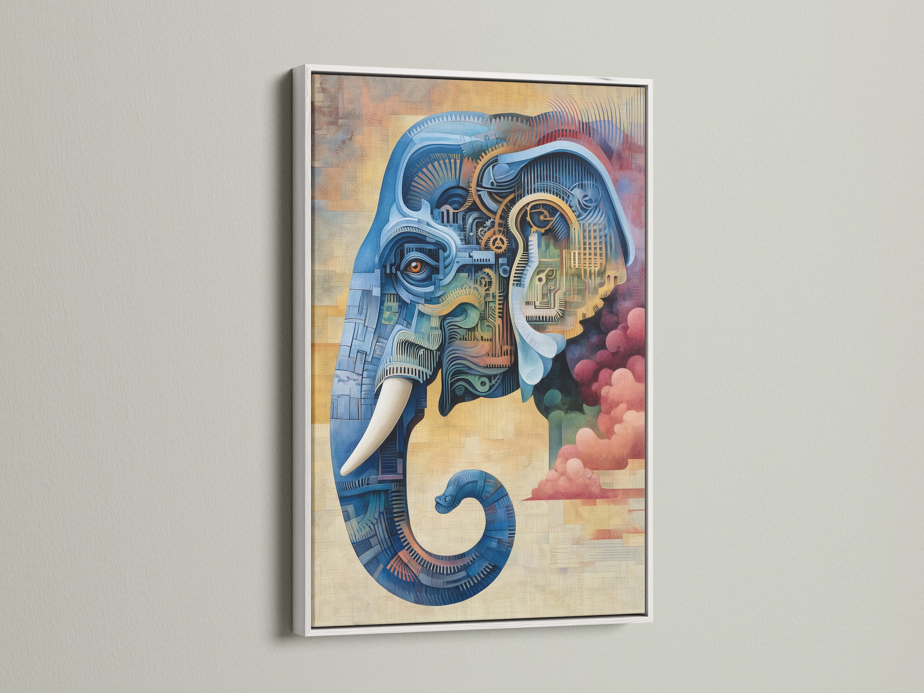 A white frame highlights this steampunk elephant canvas art. The mechanical animal artwork features intricate details and vibrant colors. The blue and pink industrial artwork is perfect for adding a modern touch to your living room or office. 