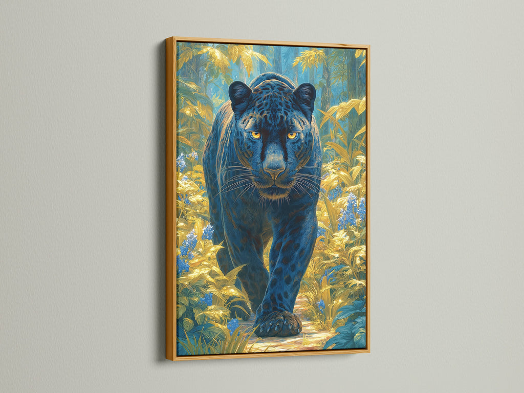 A gold frame highlights a canvas print. The gold frame adds a touch of elegance and luxury. This frame style complements blue and gold artwork. See how a gold frame elevates jungle art. Envision this frame with your cat decor.