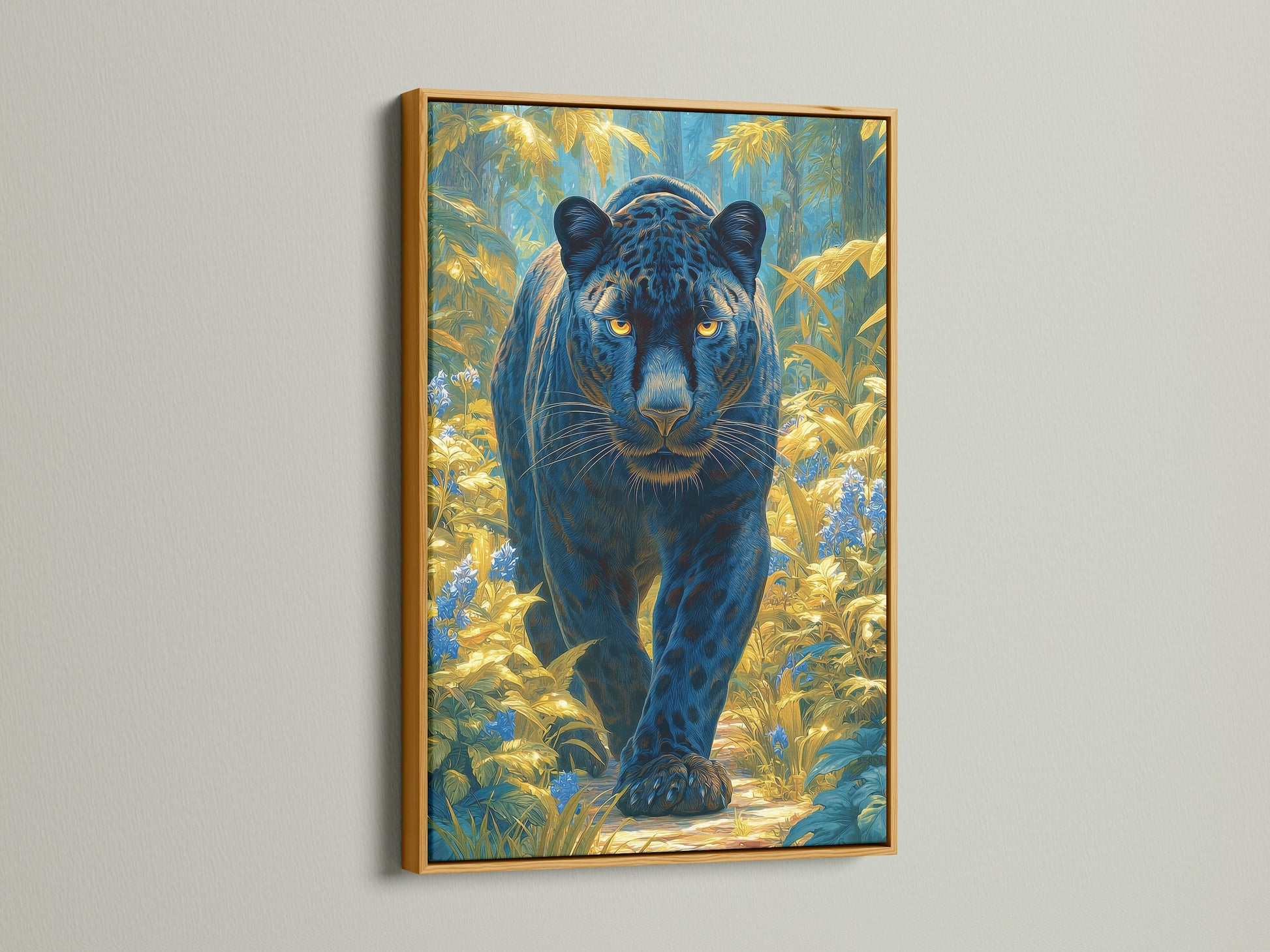 Black Panther artwork in a gold frame. The gold decor complements the teal and gold colors of the animal artwork. This jungle canvas adds a luxurious touch to your space. The big cat print is perfect for home decor. Consider this safari art.