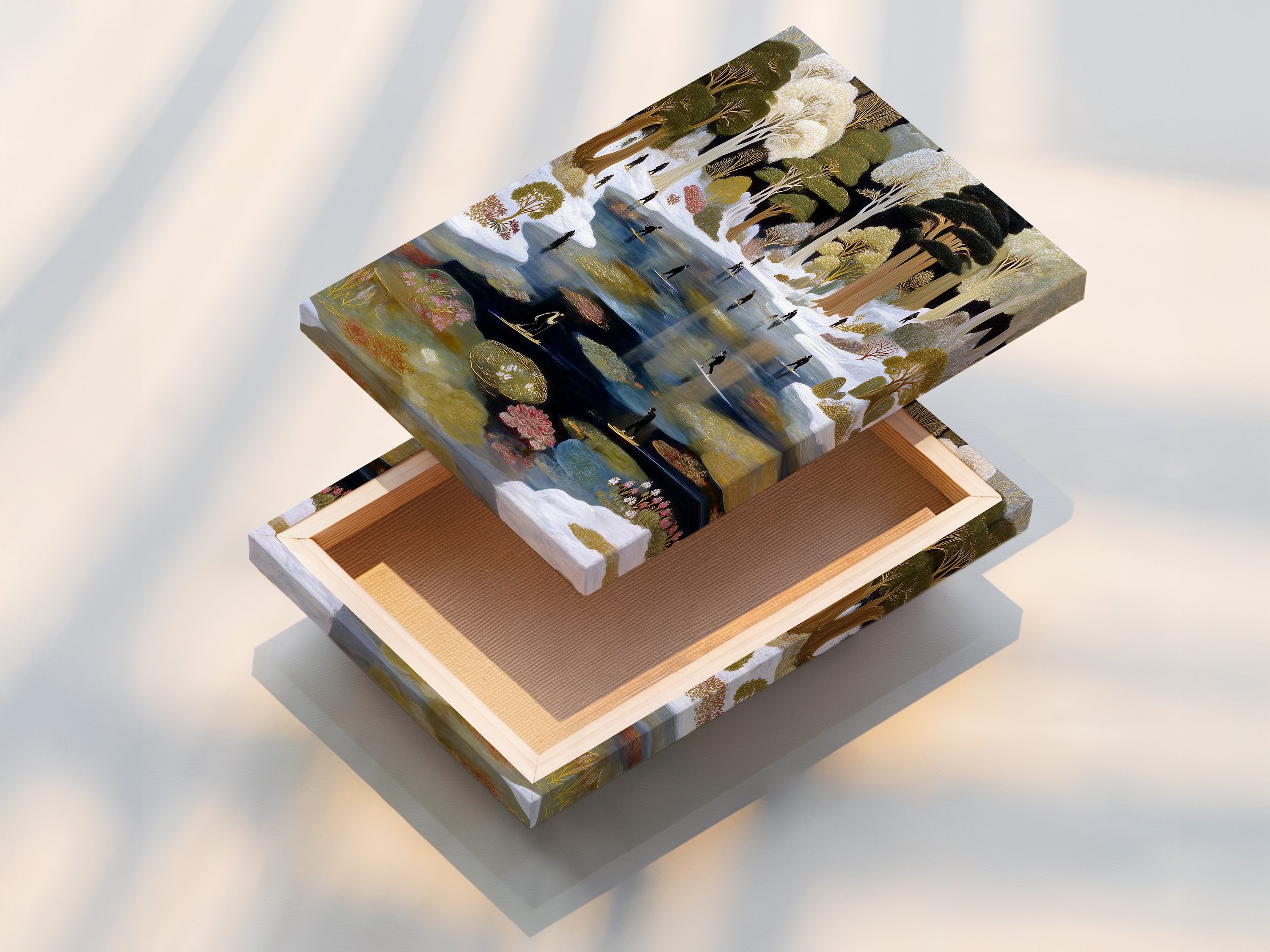 The stretched canvas print of Winter Pond. This folk art piece is ready to hang. Enjoy the texture and depth of this vintage wall art. Perfect for adding a winter landscape to any room wall.