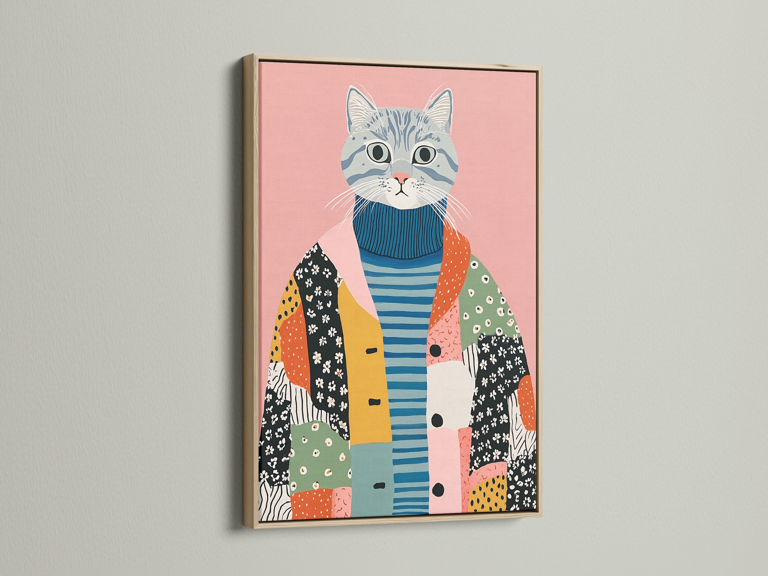 Quirky Cat Art Print - Folk Art Cat Canvas, Whimsical Animal Wall Art for Nursery & Kids Room Decor