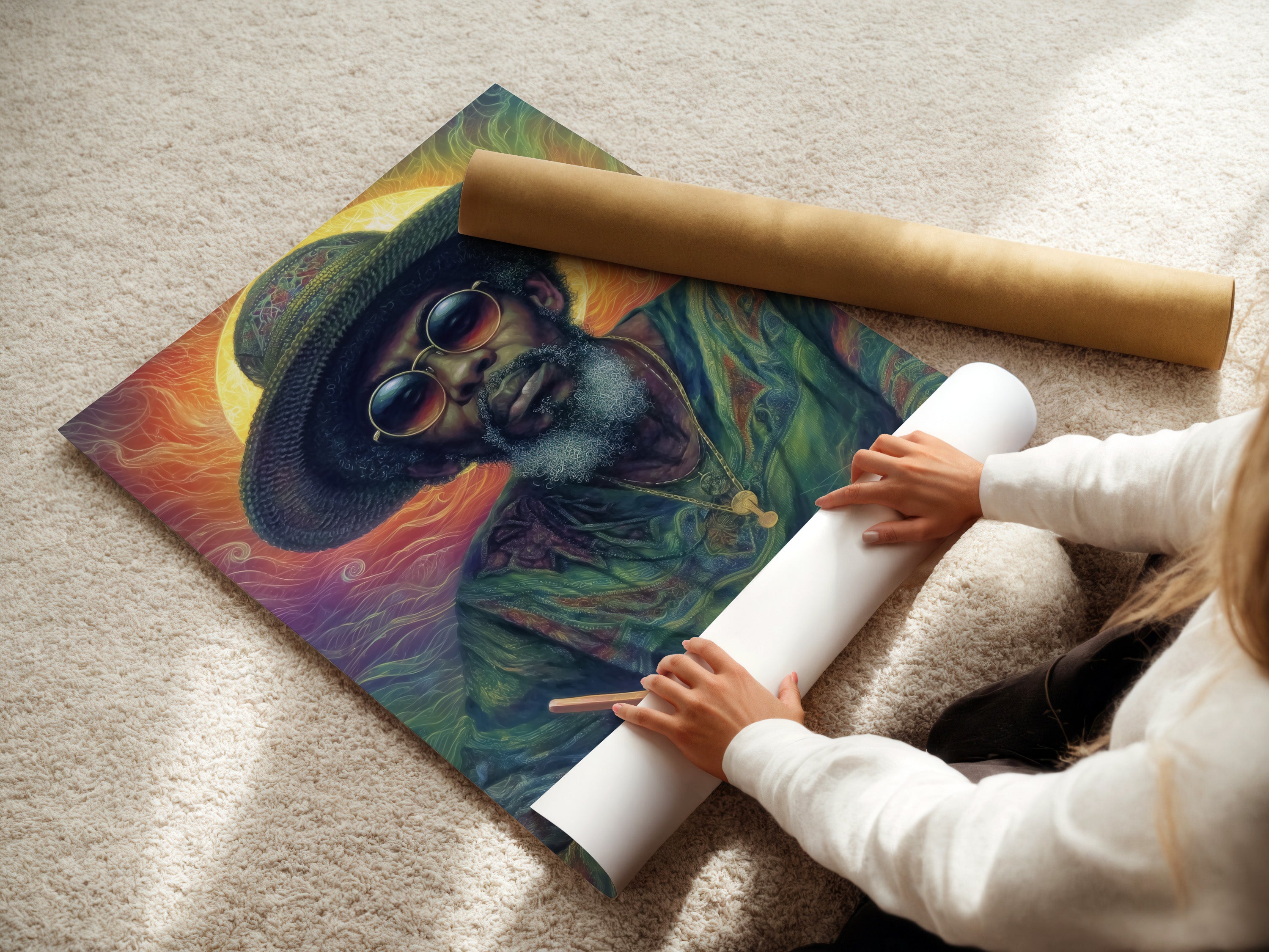 A woman is carefully rolling a fine art poster paper. The paper is ready to showcase a vibrant psychedelic portrait. The colorful Rastafarian wall art is perfect for any space. Ideal for those seeking unique bohemian wall decor.