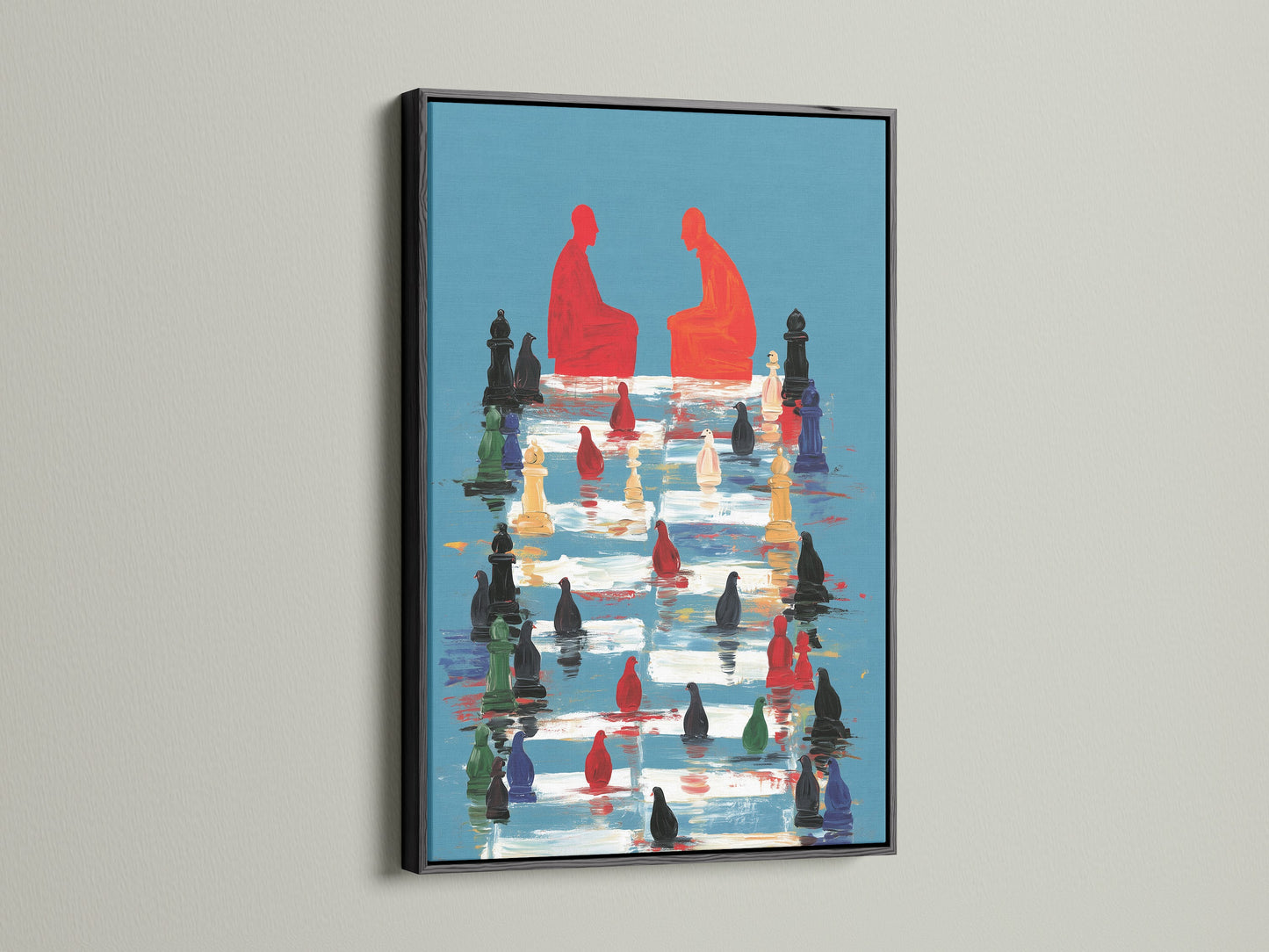 Chess game artwork with a black frame. The dark frame creates a striking contrast with the teal and red artwork. This piece suits modern and eclectic styles. A conversation starter.