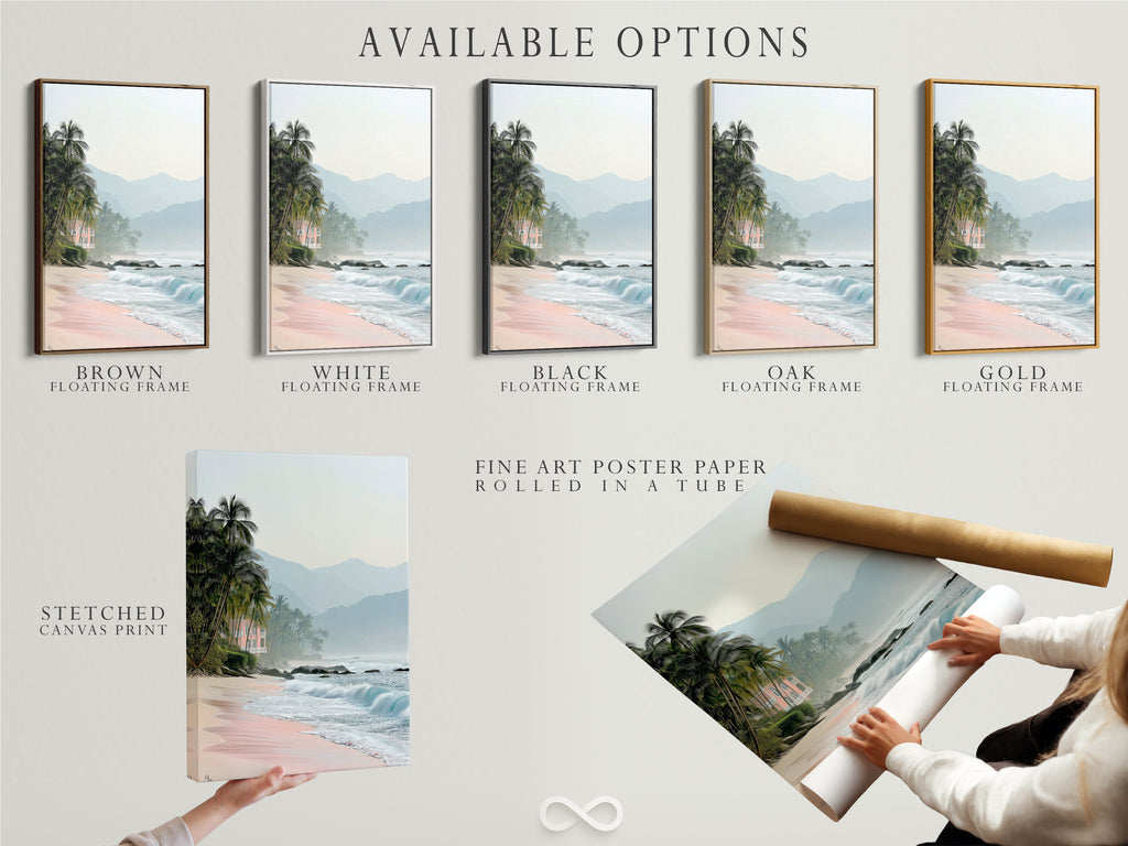 Available options are presented including a stretched canvas print. Also available is fine art poster paper. And a floating frame. All displaying a tropical beach with pink sand coastal scenery for vacation home decor.