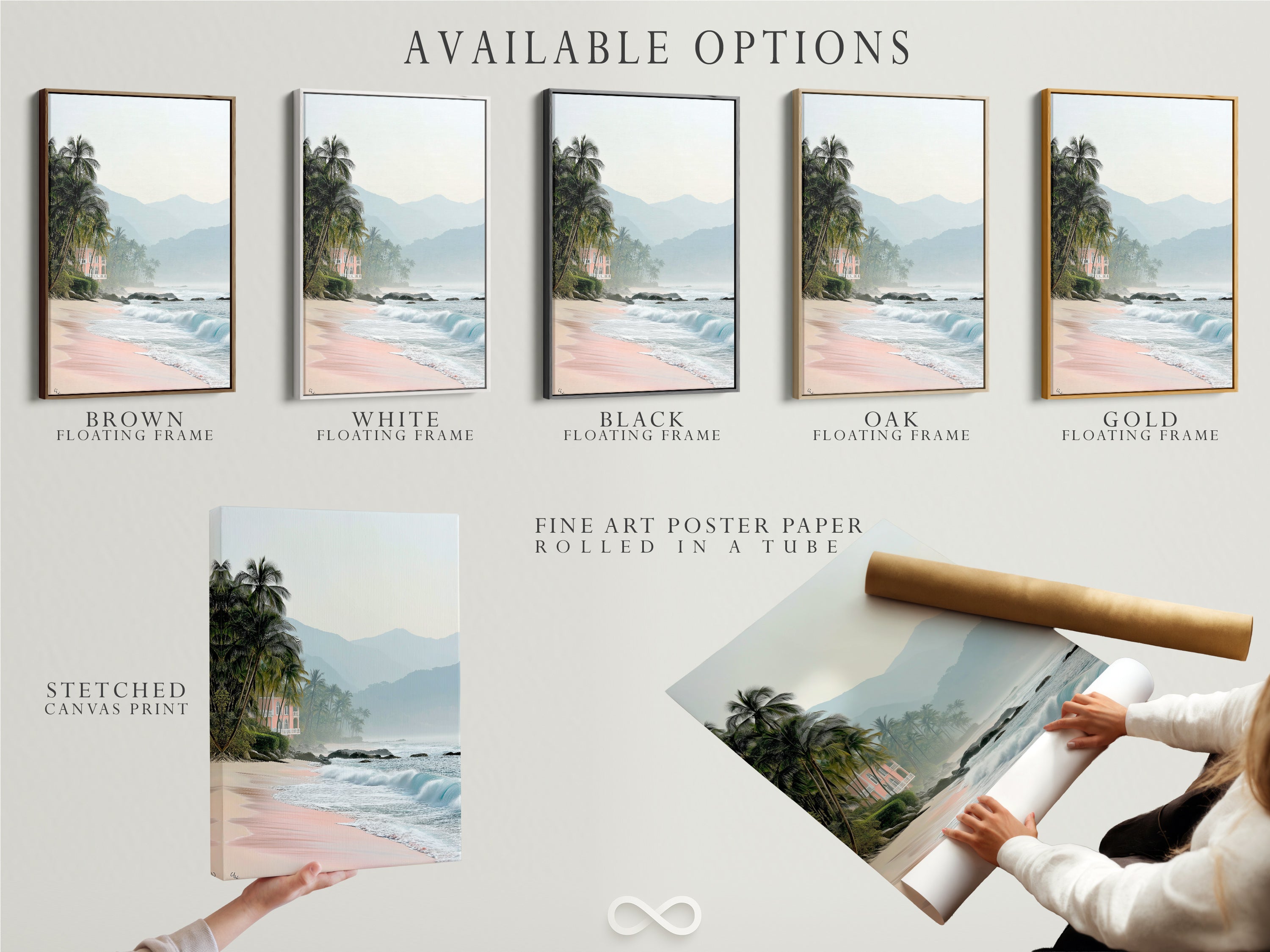 Available options are presented including a stretched canvas print. Also available is fine art poster paper. And a floating frame. All displaying a tropical beach with pink sand coastal scenery for vacation home decor.