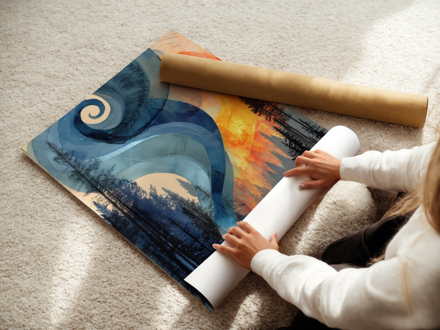 A woman is rolling a fine art poster paper. The poster paper features a modern abstract landscape. The artwork is of a forest fire. This is a great option for renters seeking unique Modern Wall Art.