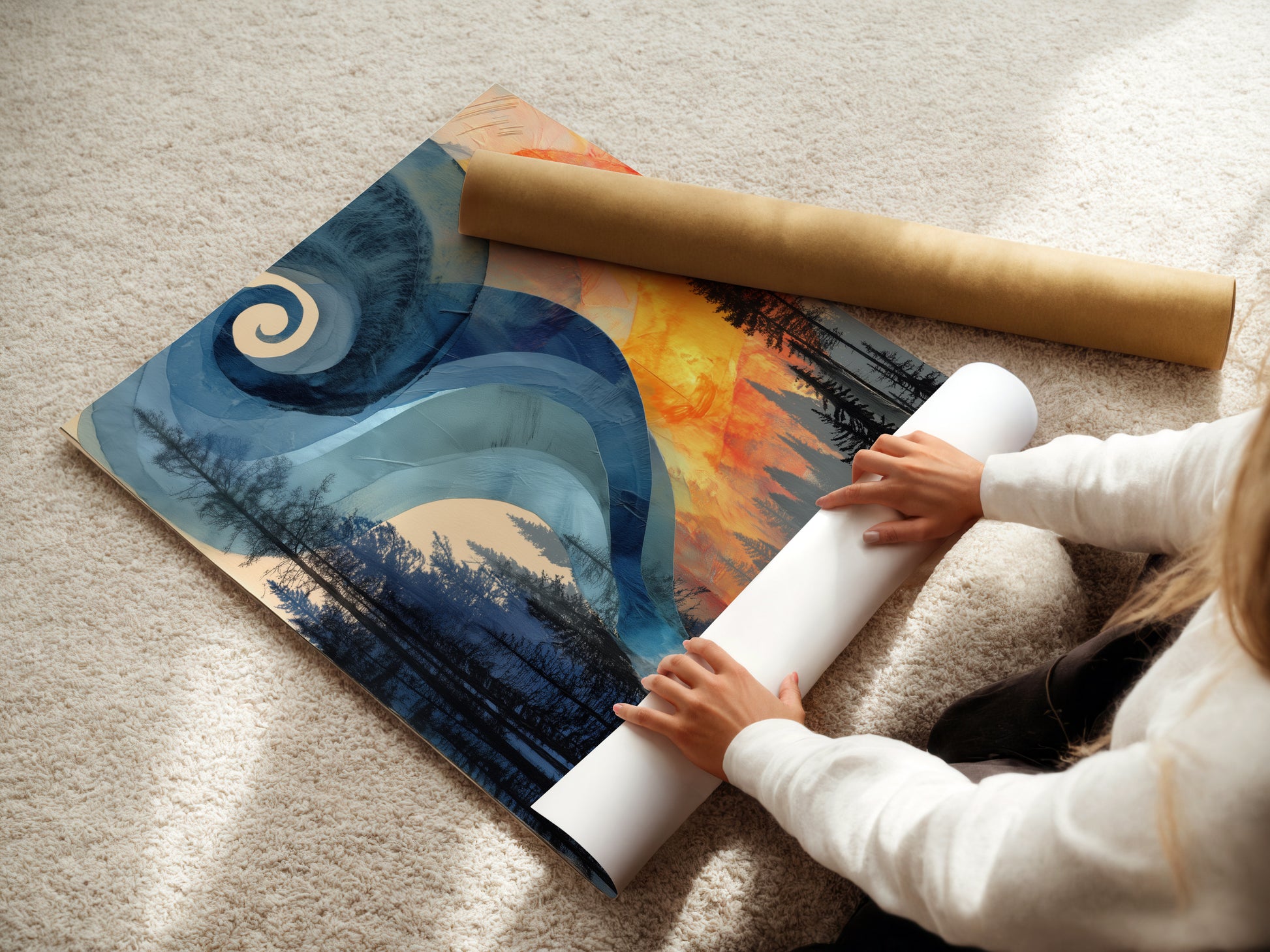 A woman is rolling a fine art poster paper. The poster paper features a modern abstract landscape. The artwork is of a forest fire. This is a great option for renters seeking unique Modern Wall Art.