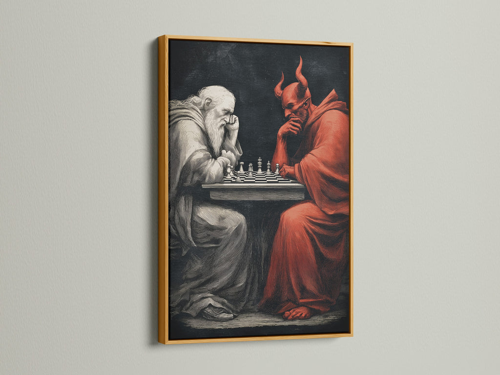Chess Master Devil vs Angel artwork in a gold frame. This angel artwork is a great addition to your study room decor. The medieval fantasy art features a chess game. Enhance your space with this unique gothic piece.