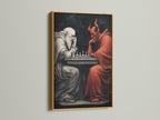 Chess Master Devil vs Angel artwork in a gold frame. This angel artwork is a great addition to your study room decor. The medieval fantasy art features a chess game. Enhance your space with this unique gothic piece.