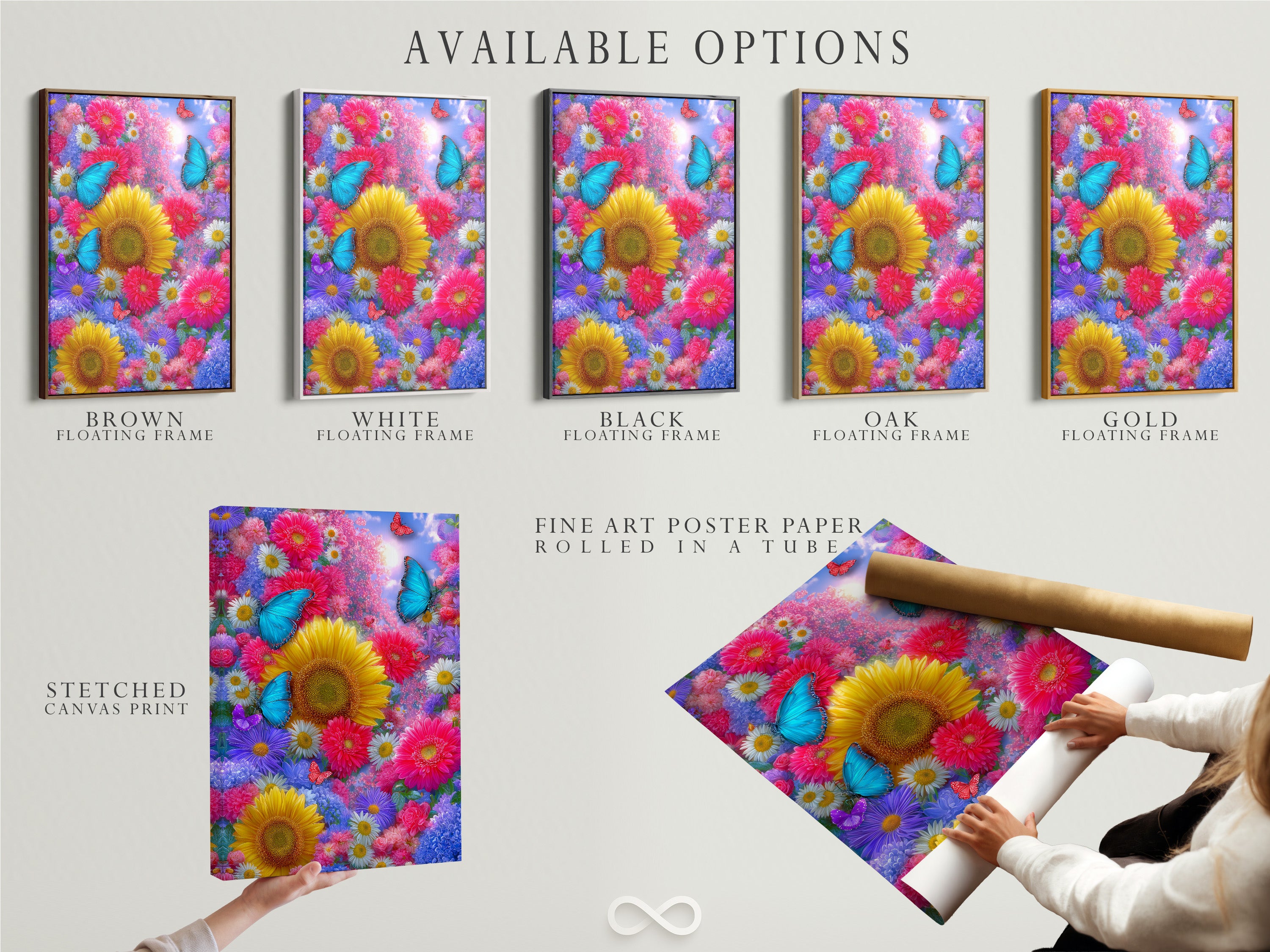 Available options for the butterfly flower garden artwork are displayed. Options include a stretched canvas print fine art poster paper and floating frame. Choose the perfect format to match your style. Ideal for adding colorful wall art to your home decor.