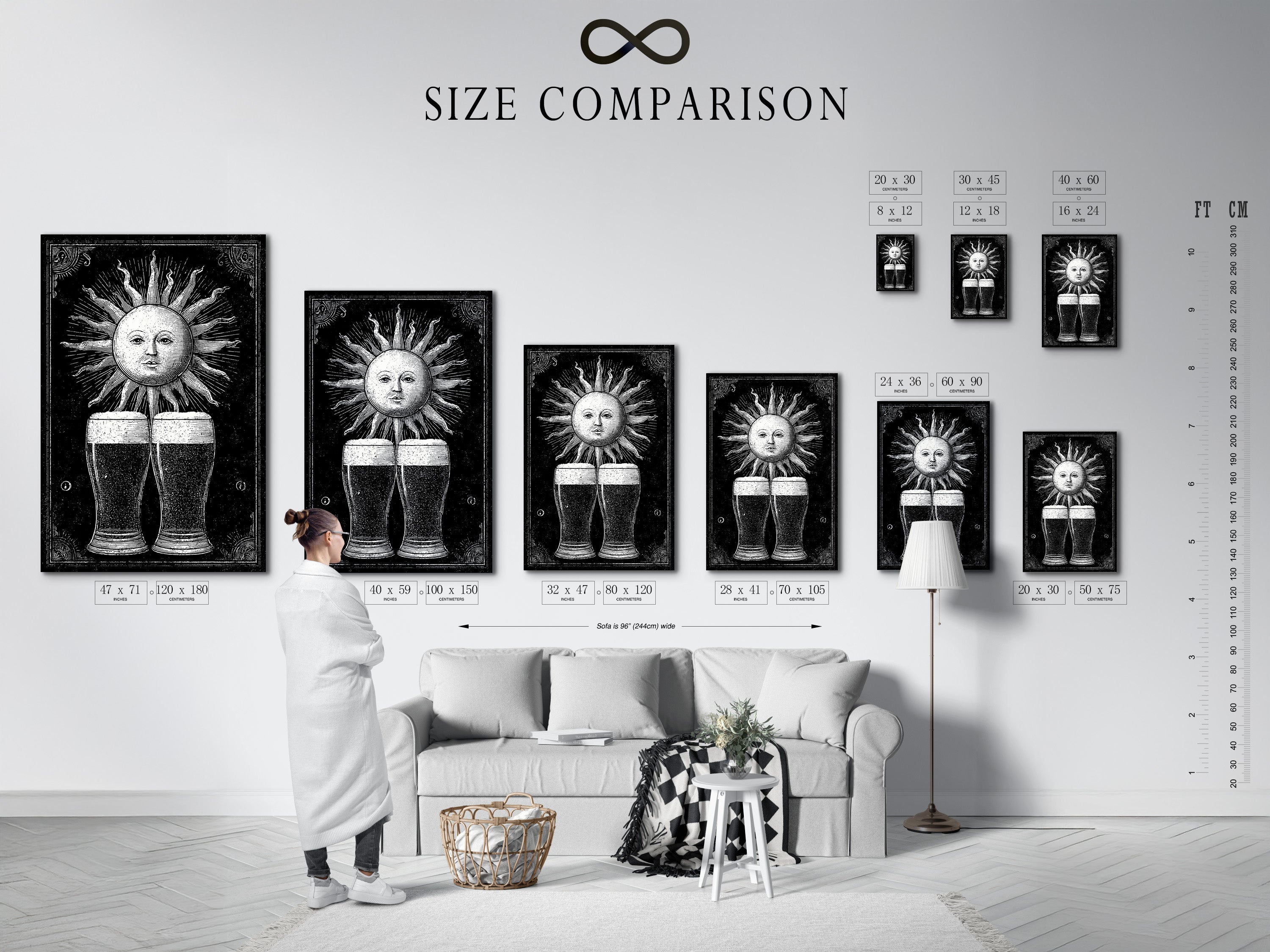 A size comparison chart is displayed in an interior setting. The chart shows the available sizes for art prints. It helps you visualize the artwork in your space. Choose the perfect size to complement your decor. The chart includes dimensions for canvas and framed prints. It ensures you find the ideal fit for your wall.