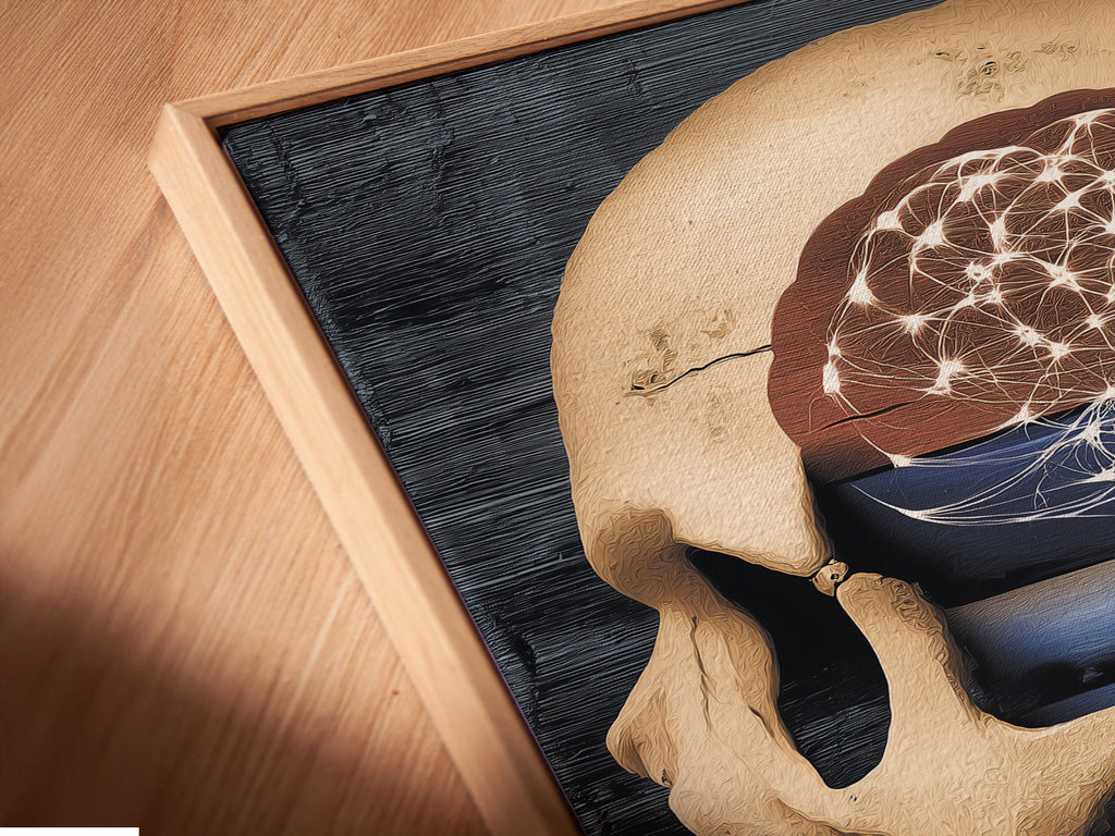 This is a close-up of a canvas print in a floating frame. It shows the surreal skull art and anatomical brain. The gothic medical poster is perfect for any room. The dark academia art style adds a unique touch. Perfect for doctors and medical enthusiasts.