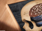 This is a close-up of a canvas print in a floating frame. It shows the surreal skull art and anatomical brain. The gothic medical poster is perfect for any room. The dark academia art style adds a unique touch. Perfect for doctors and medical enthusiasts.