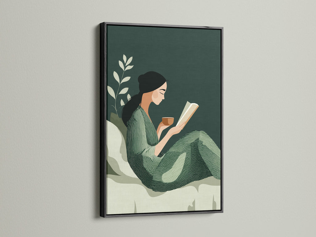 The Reading Woman art print is elegantly framed in black. This modern artwork makes a bold statement. The black frame enhances the sage green botanical design. A perfect piece for contemporary or bohemian home decor. It brings a touch of sophistication.