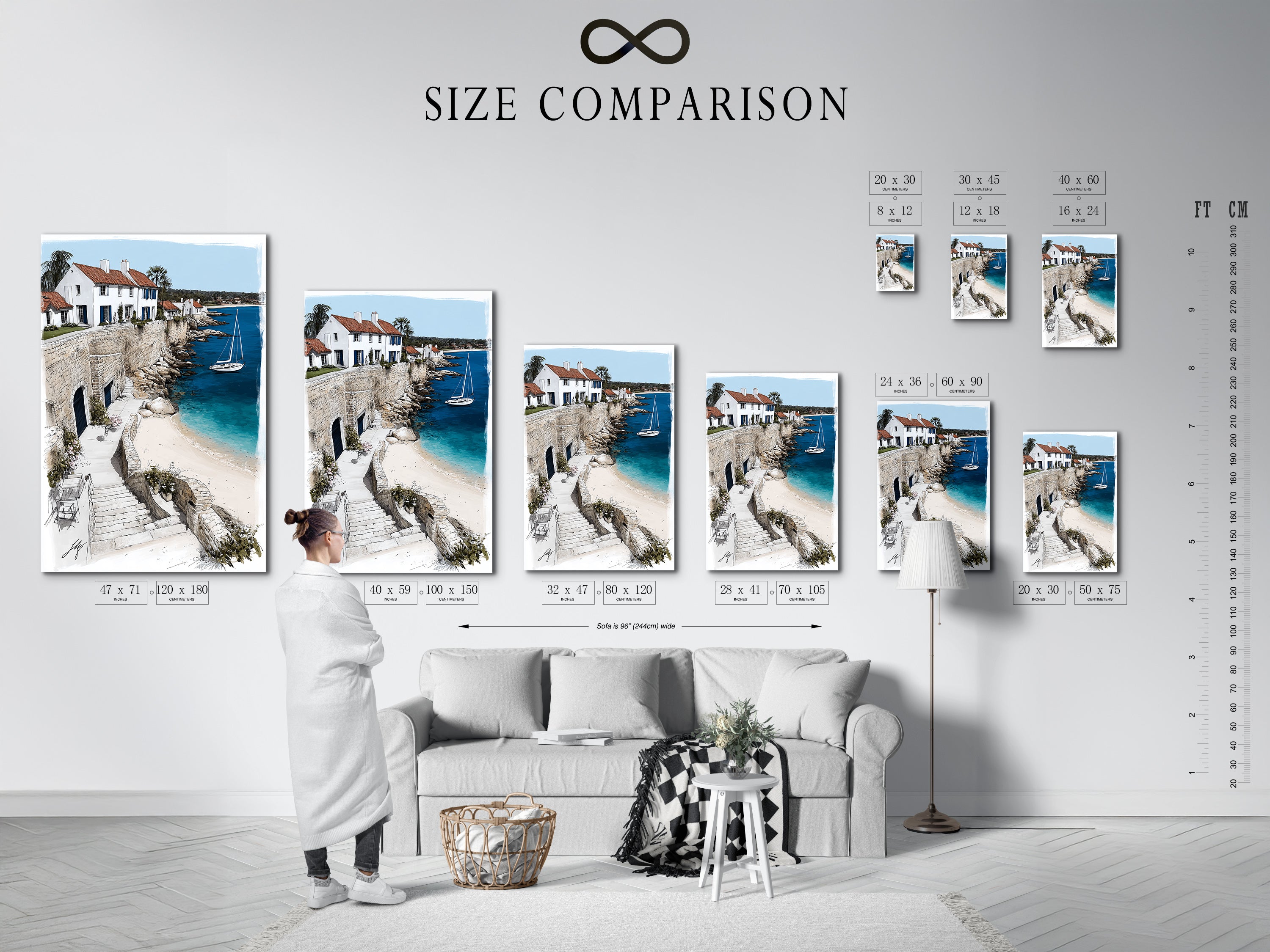 Size comparison chart in an interior setting showcasing the Coastal Village artwork. The chart illustrates various sizes available. Visualize the perfect fit for your space. This artwork brings a touch of Mediterranean charm to any room. Find the ideal size for your home or office decor.
