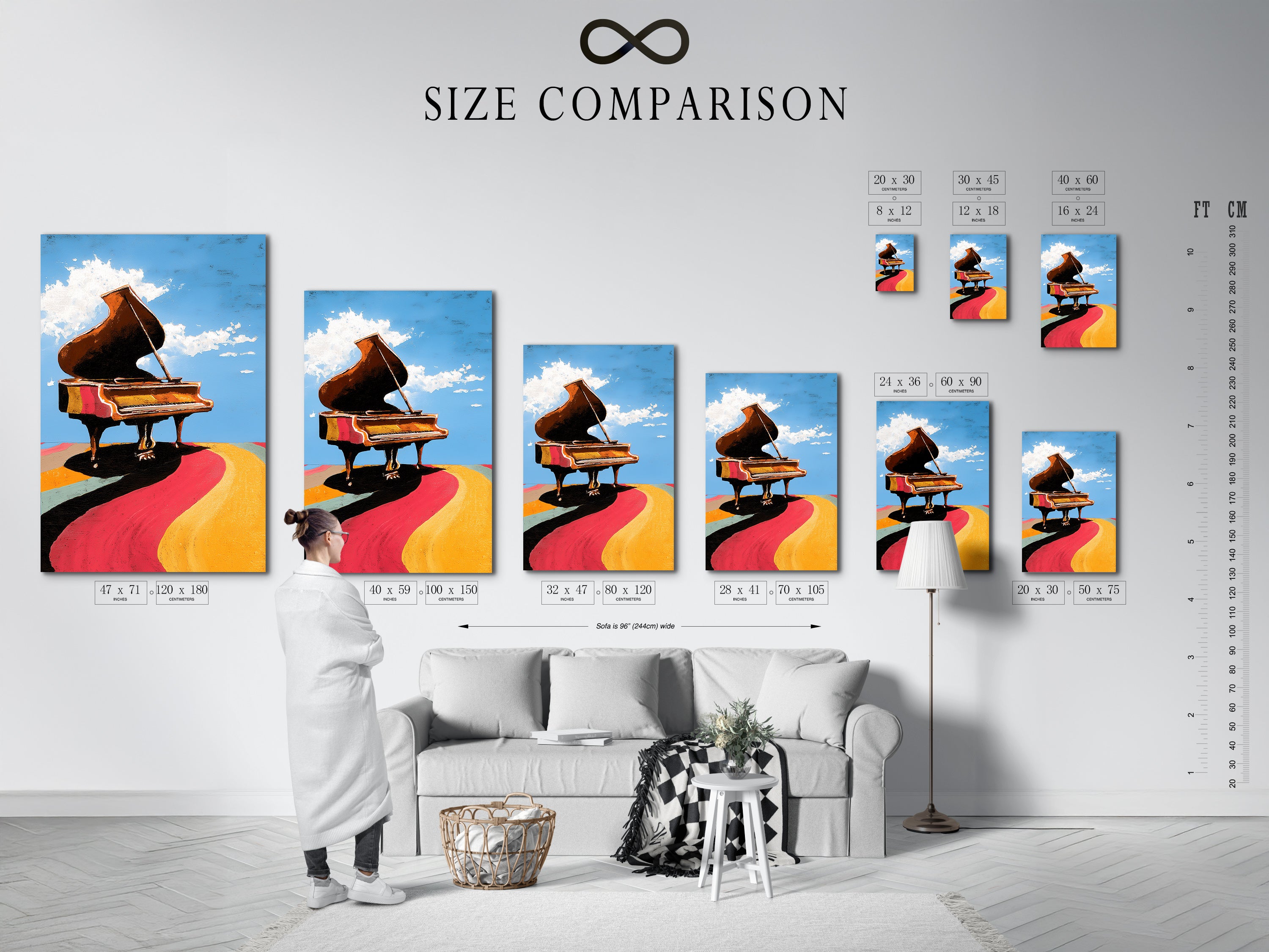 A size comparison chart is displayed in an interior setting. The chart helps visualize different artwork sizes in a room. It ensures you choose the perfect size for your space. See how the piano artwork fits in various settings. Make the right choice for your home decor needs.