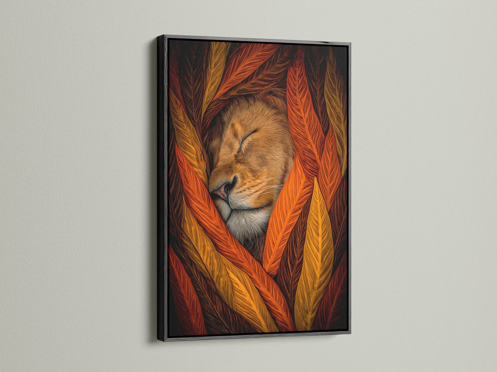 A black frame enhances the sleeping lion artwork. The autumn tones create a cozy atmosphere. This animal canvas is a stunning piece of wildlife art. Perfect for adding a touch of nature to your home decor.