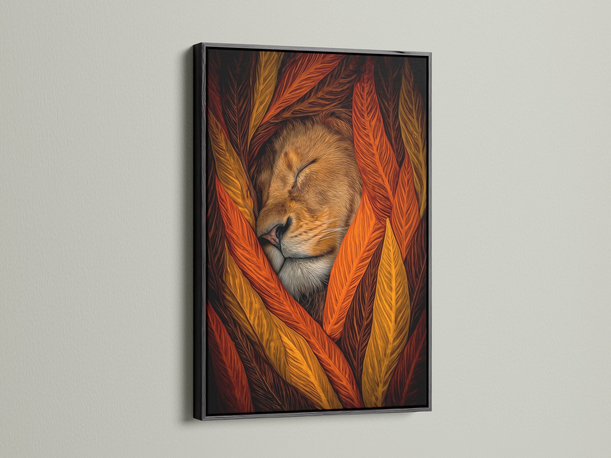 A black frame enhances the sleeping lion artwork. The autumn tones create a cozy atmosphere. This animal canvas is a stunning piece of wildlife art. Perfect for adding a touch of nature to your home decor.