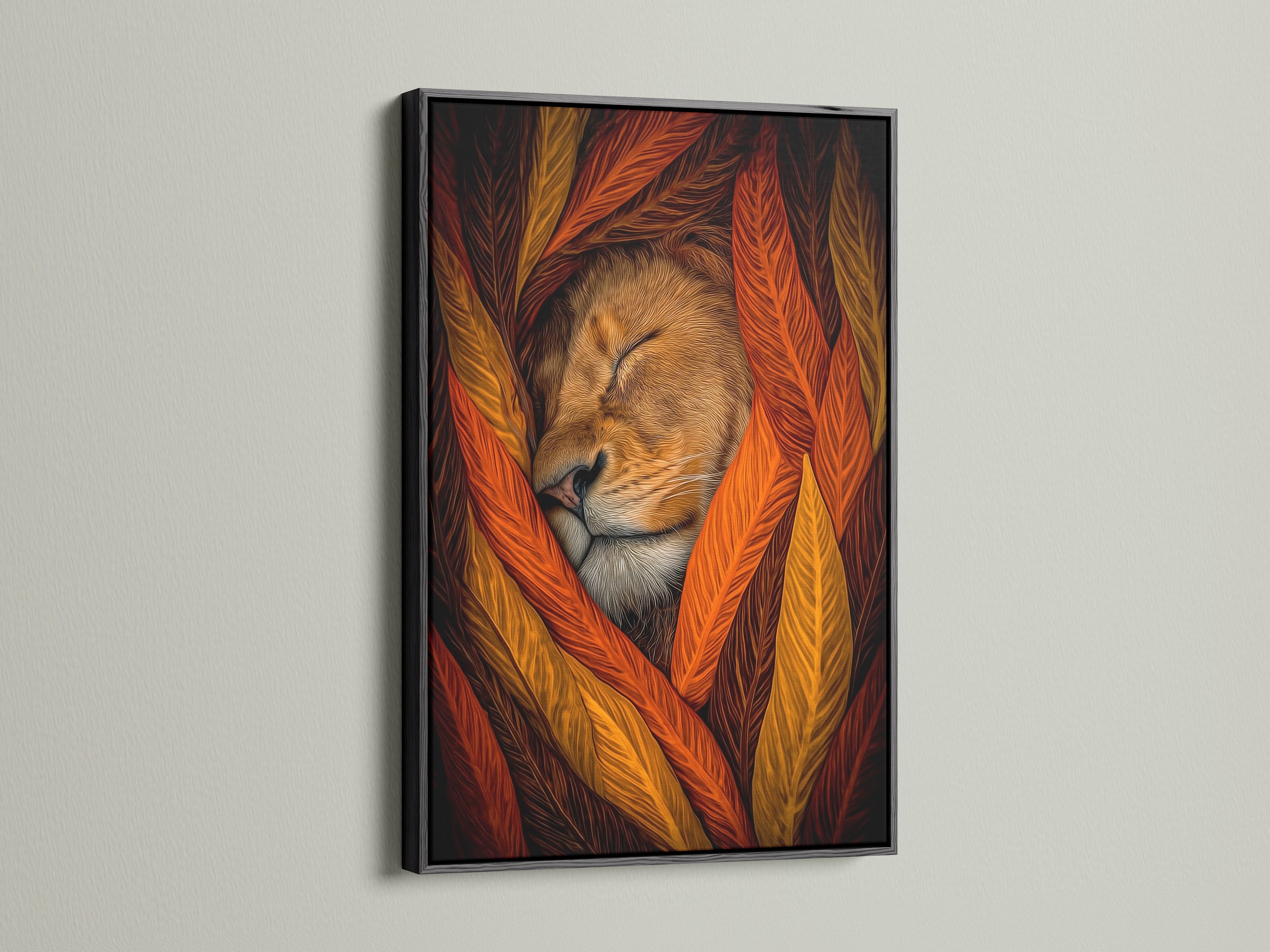 A black frame enhances the sleeping lion artwork. The autumn tones create a cozy atmosphere. This animal canvas is a stunning piece of wildlife art. Perfect for adding a touch of nature to your home decor.