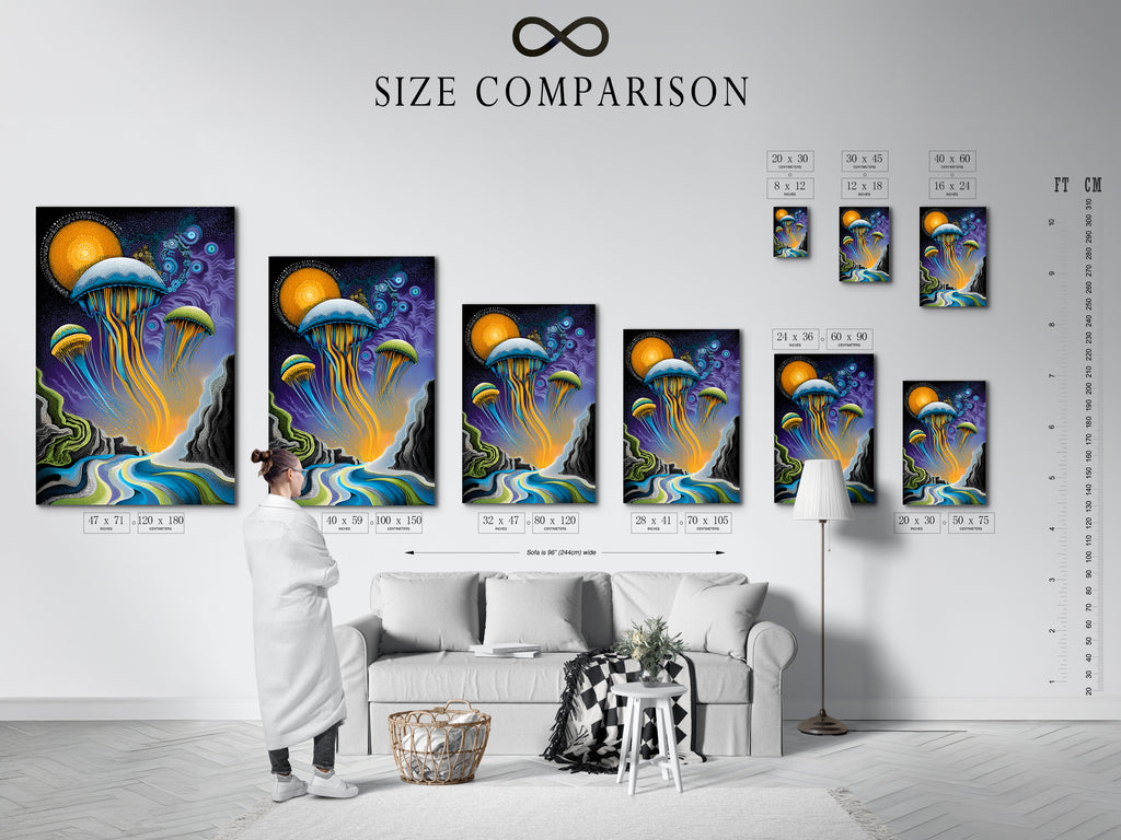 A size comparison chart displays the jellyfish artwork in an interior setting. See how different sizes fit your space. The ocean canvas enhances your living room or bedroom. Choose the perfect size for your surreal wall art. The blue and gold tones complement any decor. This marine artwork is a versatile choice for any room.
