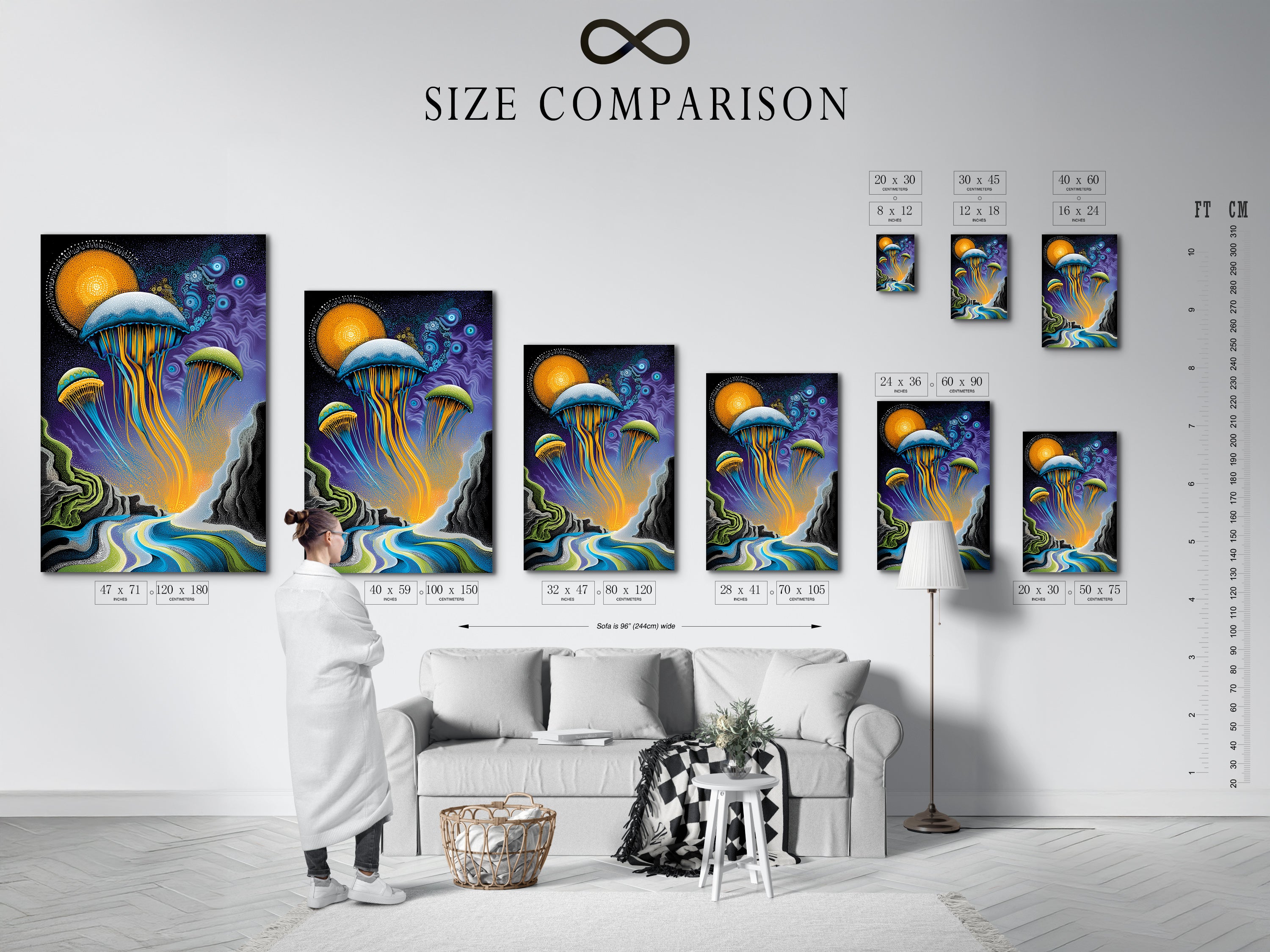 A size comparison chart displays the jellyfish artwork in an interior setting. See how different sizes fit your space. The ocean canvas enhances your living room or bedroom. Choose the perfect size for your surreal wall art. The blue and gold tones complement any decor. This marine artwork is a versatile choice for any room.