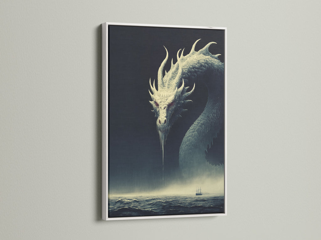 This is the Dragon Canvas Print in a white frame. This fantasy print is ideal for homeowners renters and interior decorators. It complements gothic nautical and dark fantasy styles. Perfect for bedrooms studios and offices.