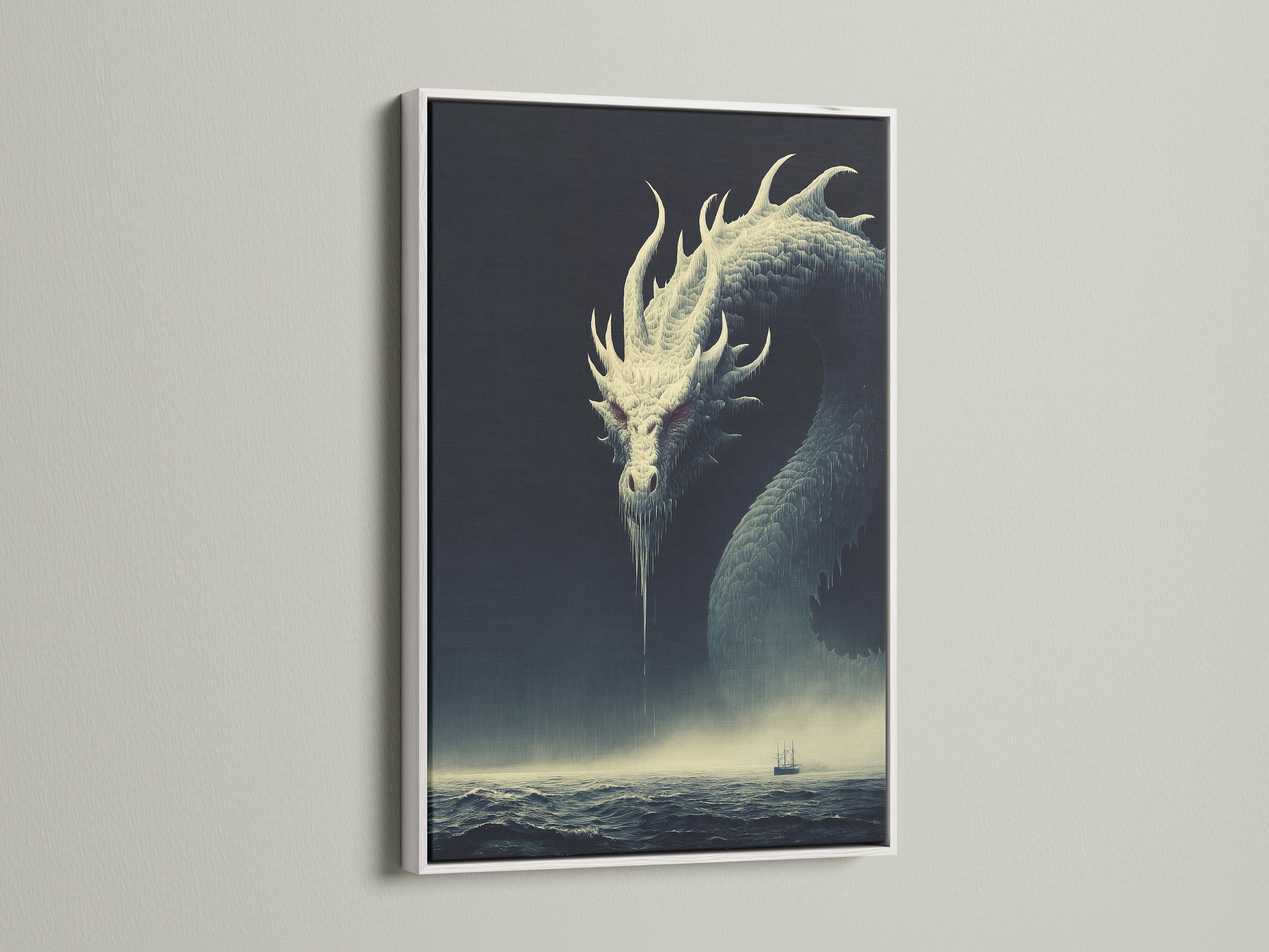 This is the Dragon Canvas Print in a white frame. This fantasy print is ideal for homeowners renters and interior decorators. It complements gothic nautical and dark fantasy styles. Perfect for bedrooms studios and offices.