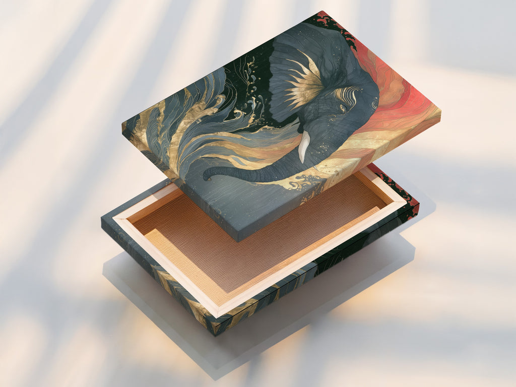 A stretched canvas print featuring an elephant and Japanese wave art. This piece adds coral pink and teal colors to any room. Perfect as animal wildlife artwork for bedroom or living room decor.