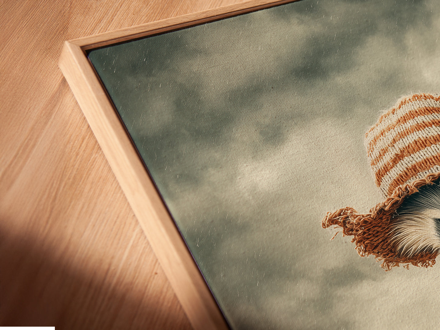 A close-up angled view of a canvas print featuring a raccoon in a floating frame. This unique presentation enhances the artwork. Perfect for adding a touch of whimsy to any room. Elevate your space with this charming piece of art. Ideal for kids room wall art.