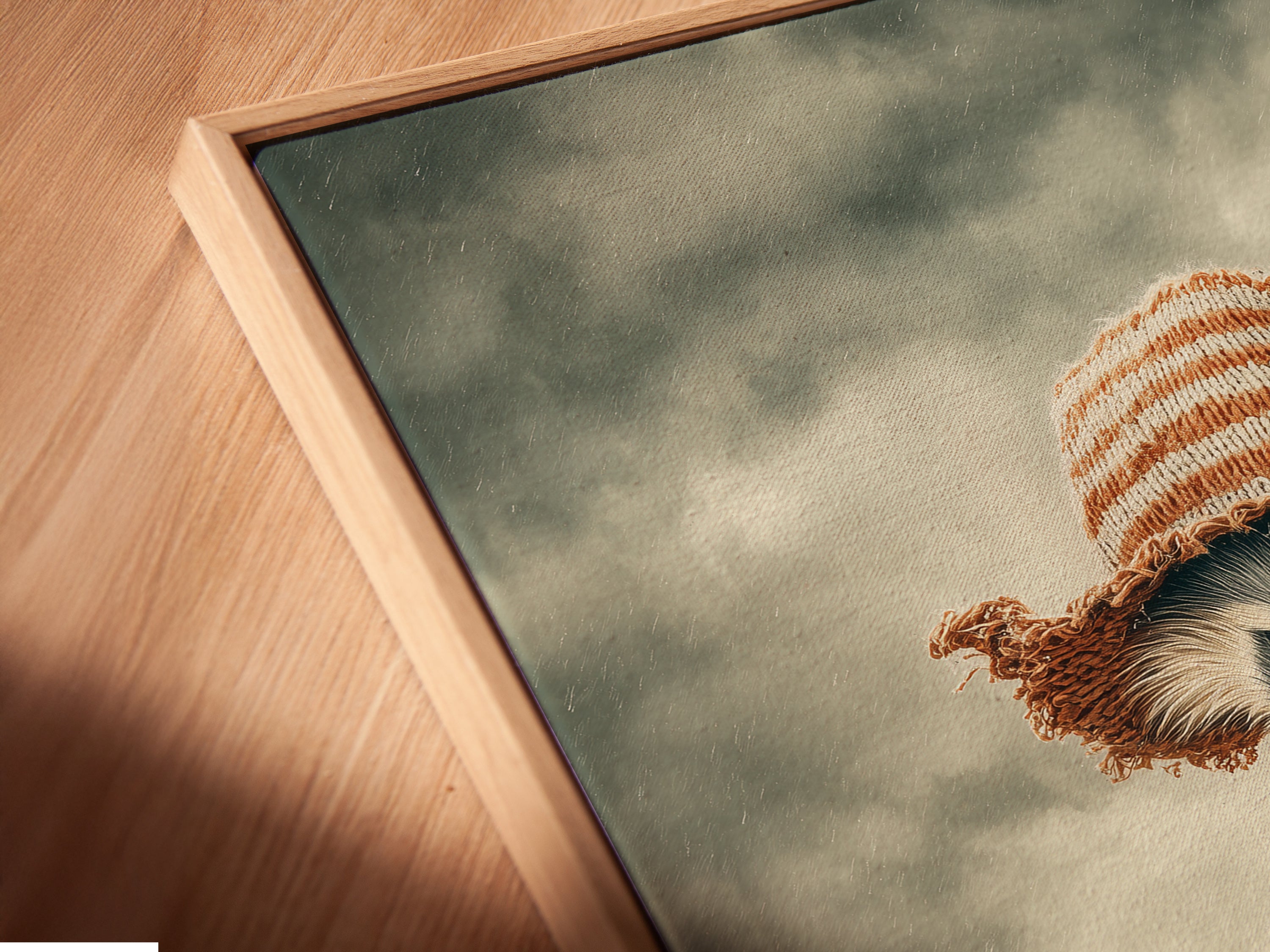 A close-up angled view of a canvas print featuring a raccoon in a floating frame. This unique presentation enhances the artwork. Perfect for adding a touch of whimsy to any room. Elevate your space with this charming piece of art. Ideal for kids room wall art.