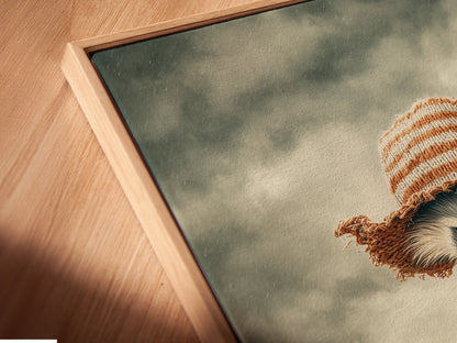 A close-up angled view of a canvas print featuring a raccoon in a floating frame. This unique presentation enhances the artwork. Perfect for adding a touch of whimsy to any room. Elevate your space with this charming piece of art. Ideal for kids room wall art.
