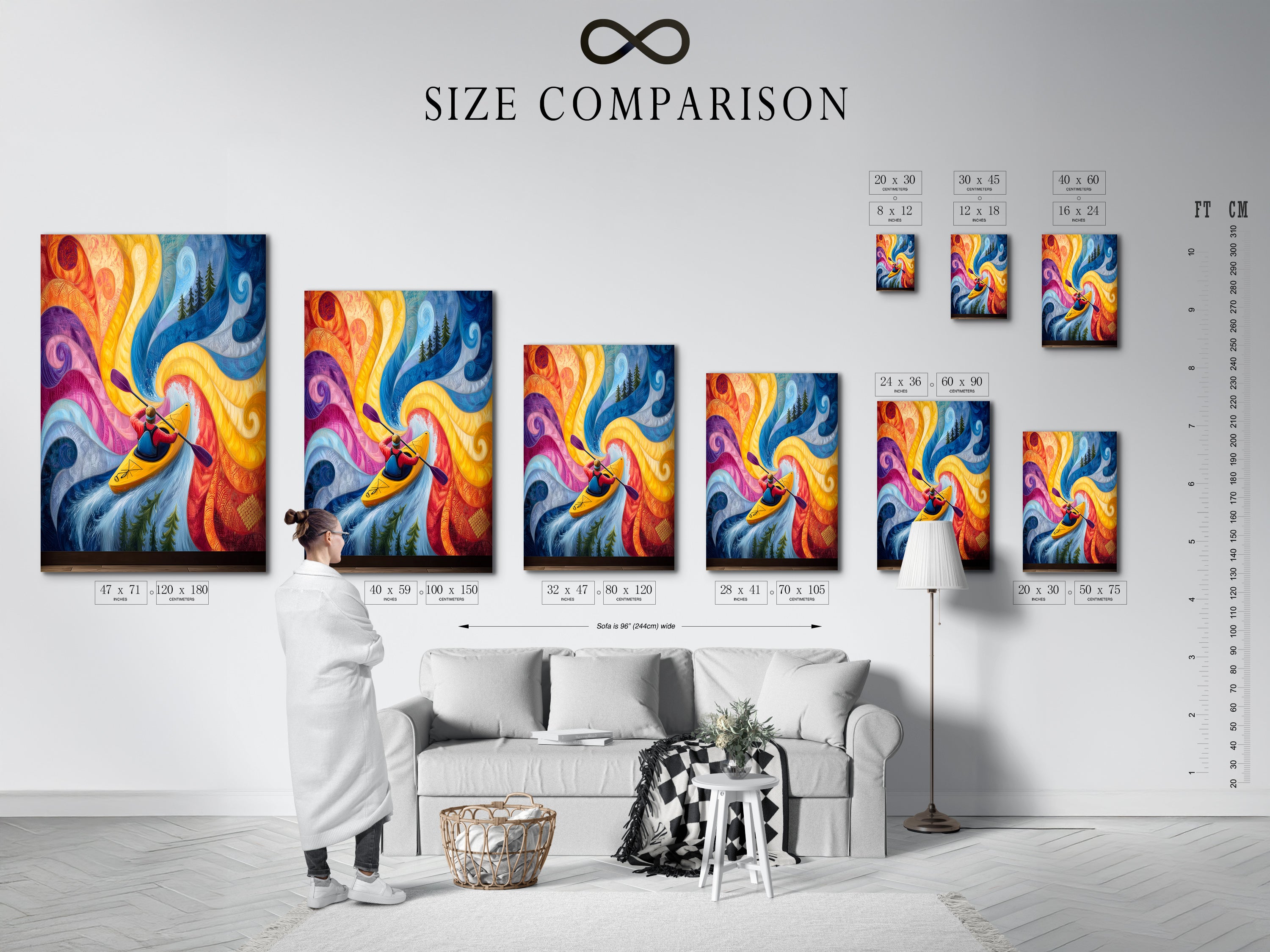 Size comparison chart showcasing the kayaking abstract river artwork in various interior settings. Visualize how this colorful wall art fits into your living room bedroom or office. Find the perfect size for your space.