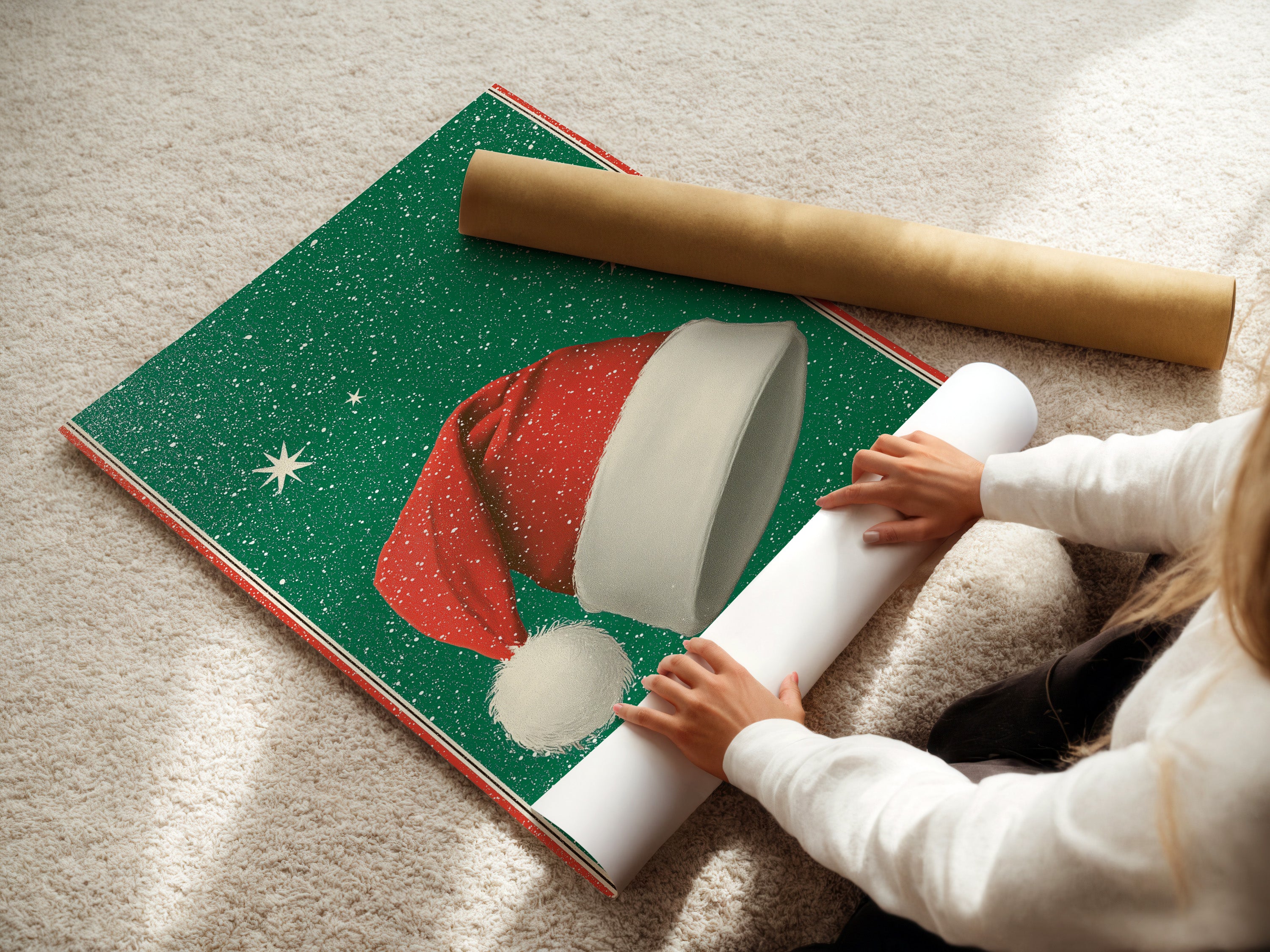 A woman carefully rolls a fine art poster paper. This ensures protection during shipping. Fine art paper enhances the artwork's detail. It offers a premium feel. High-quality materials are used for lasting beauty.