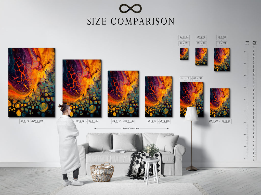 Size comparison chart displayed in an interior setting. This chart helps visualize different art print sizes. Choose the perfect size to fit your wall space. Compare canvas sizes and poster dimensions. Make the right choice for your home decor.