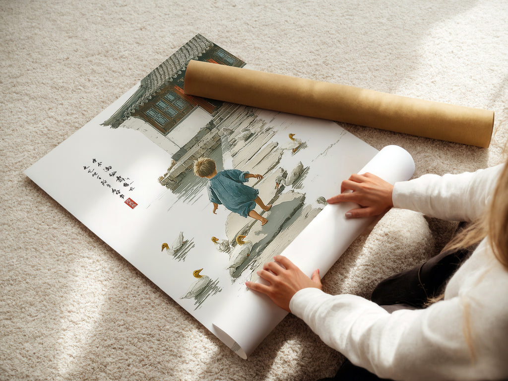 A woman carefully rolls a fine art poster paper. The paper is high quality and ready for printing. Fine art posters offer a versatile art solution. They are perfect for framing or displaying as is. Enjoy the beauty and flexibility of fine art posters.