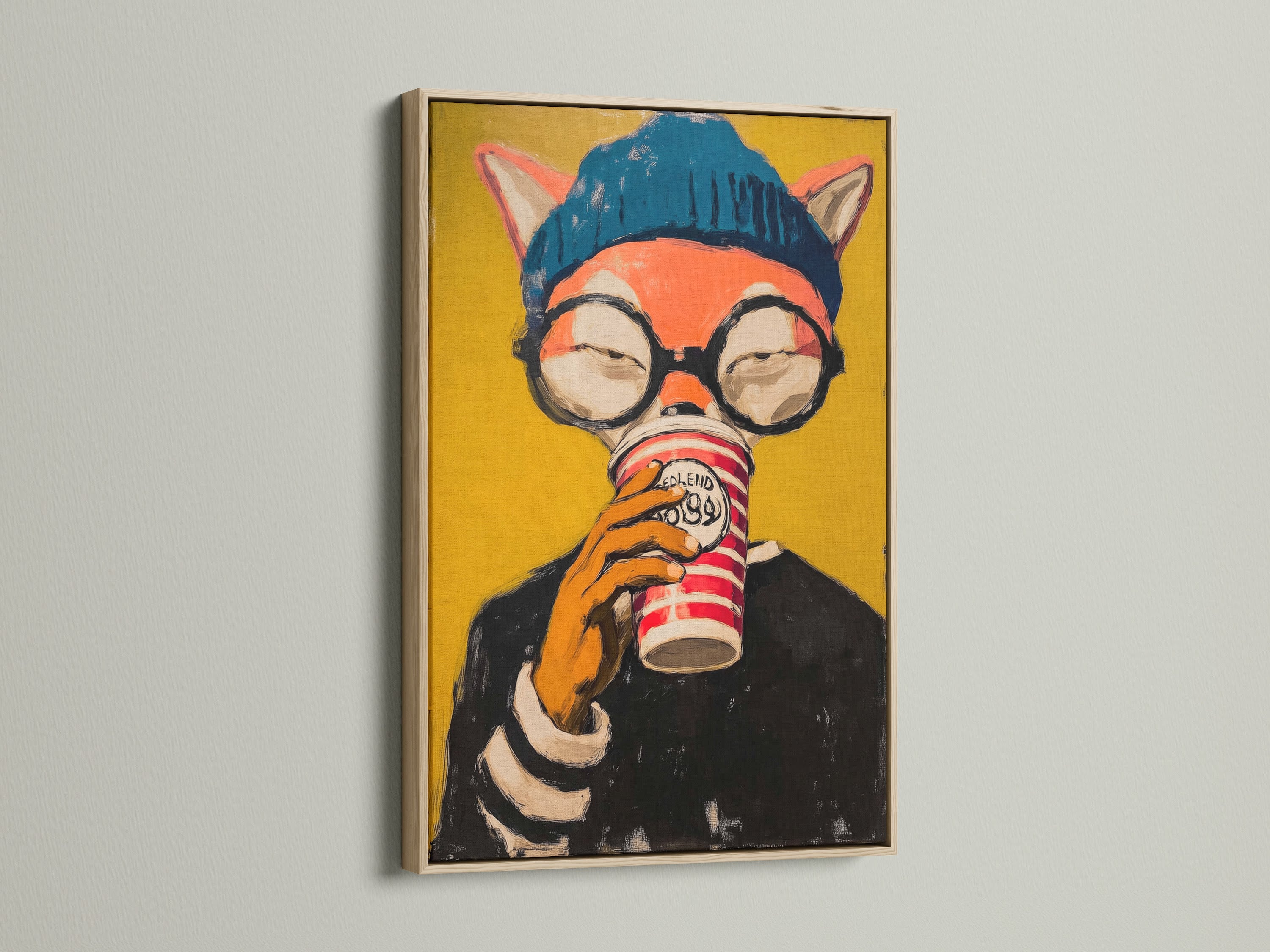 This is a close-up of a hipster fox art piece displayed in an oak frame. This animal canvas print brings a touch of modern style to any room. Ideal quirky wall decor for coffee shops or home offices. The natural oak enhances the artwork.