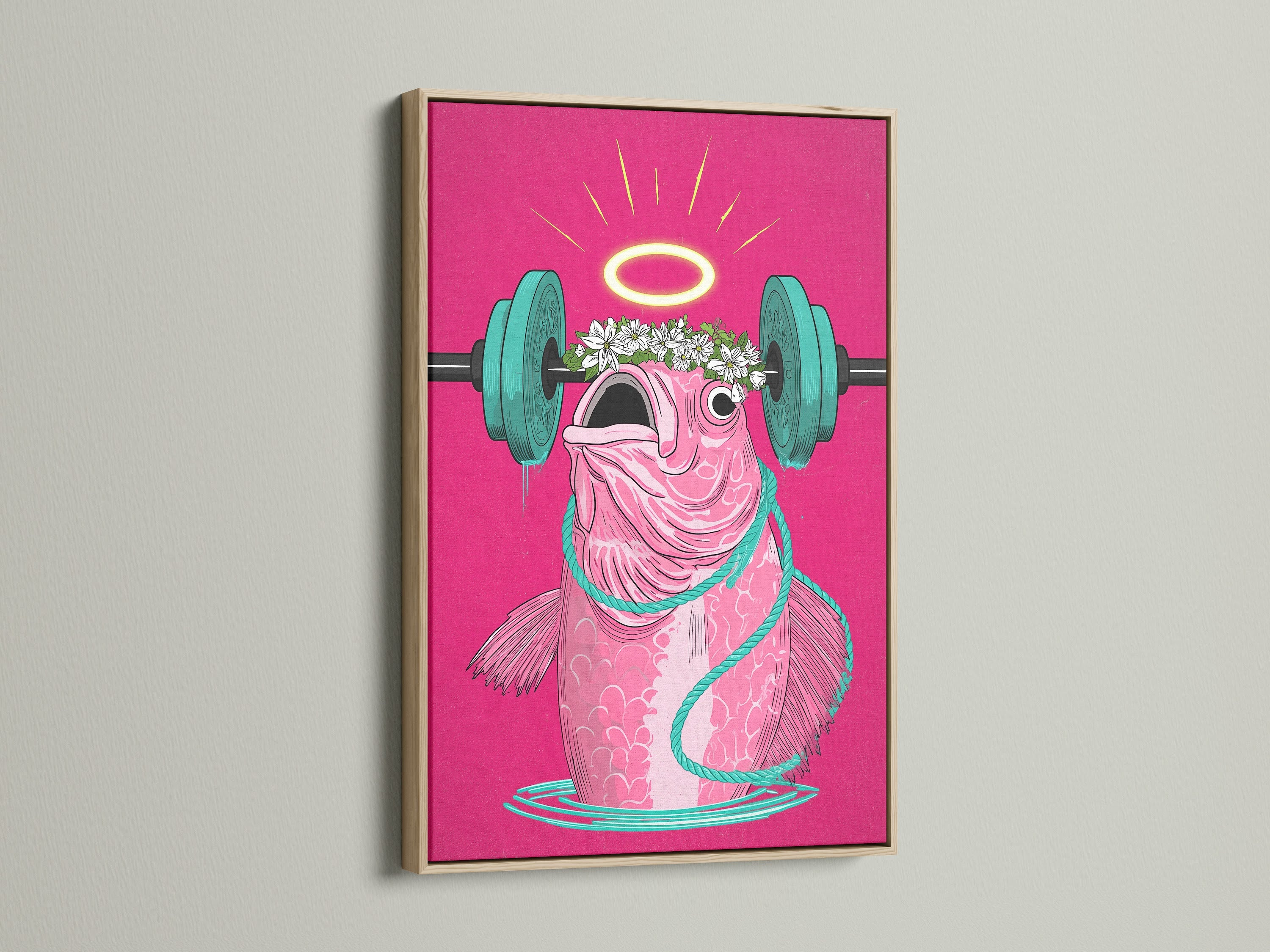The Workout Fish Art Print is displayed in an oak frame. The pink fitness wall art is ideal for adding a touch of humor and motivation to your exercise space. This motivational print will stand out.