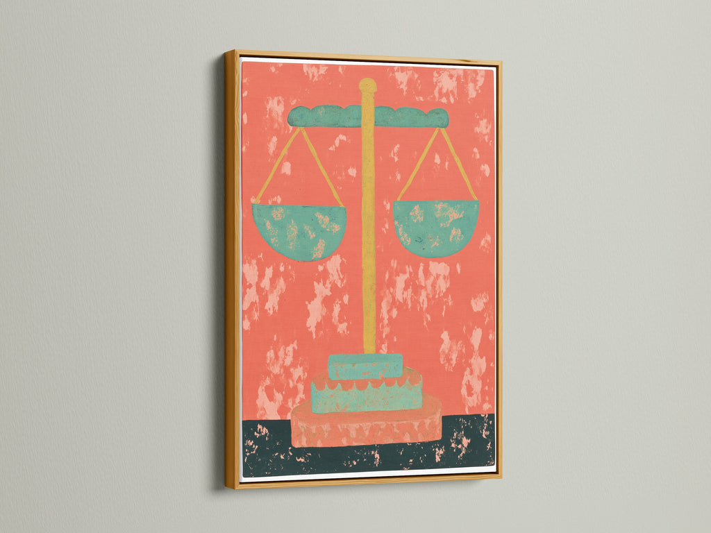 The Justice Scales Canvas Print is shown in a gold frame. This artwork adds a touch of sophistication to any space. Perfect for law offices and legal practices. This vintage legal print is a great gift for lawyers. It features Mid-Century colors of orange and green.