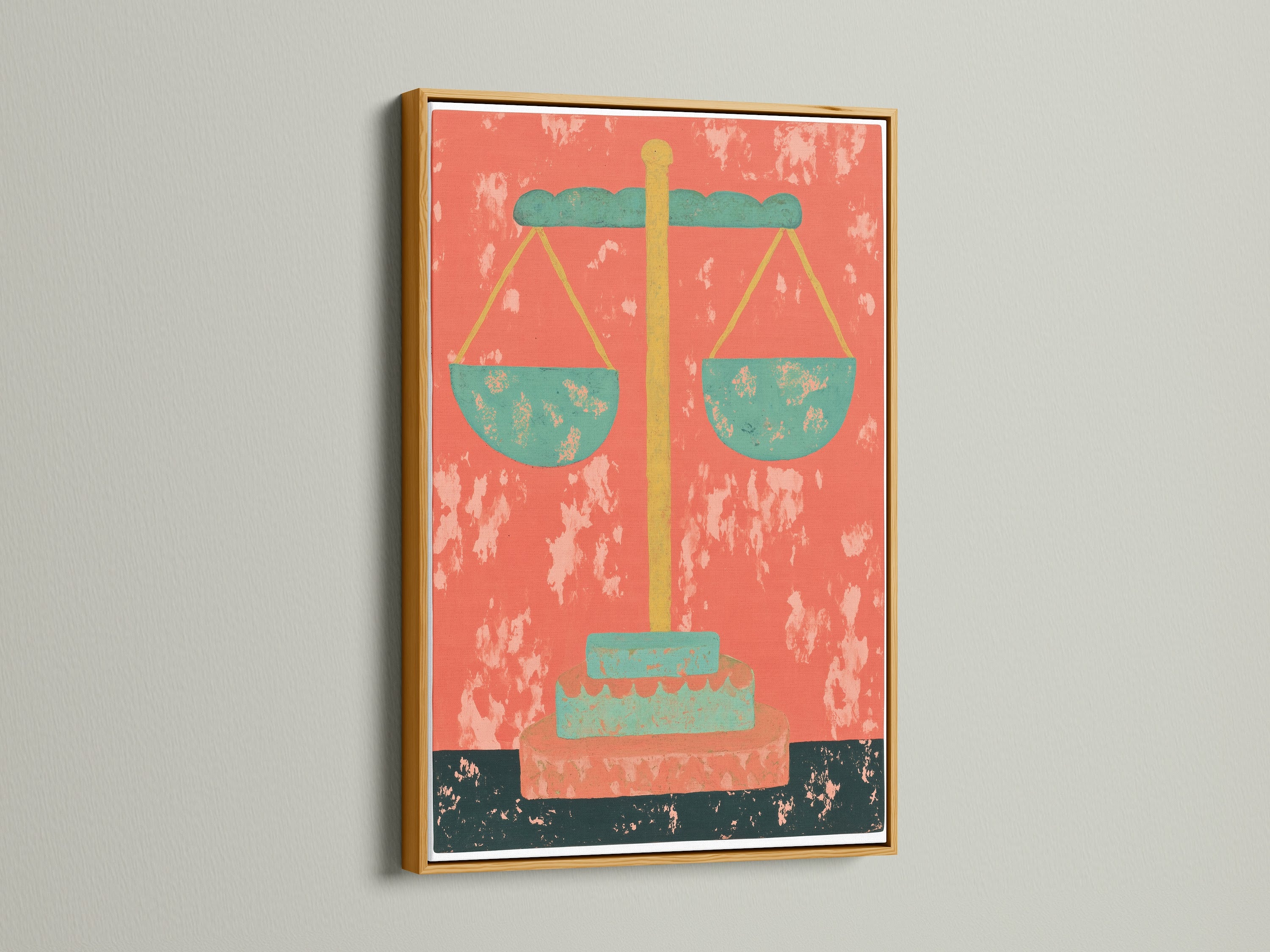 The Justice Scales Canvas Print is shown in a gold frame. This artwork adds a touch of sophistication to any space. Perfect for law offices and legal practices. This vintage legal print is a great gift for lawyers. It features Mid-Century colors of orange and green.