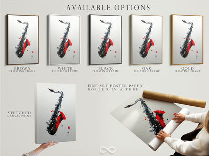 Discover available options for your saxophone artwork. Choose from stretched canvas print fine art poster paper or floating frame. Customize your art to match your style. Create a unique piece that reflects your personality. Explore options now.
