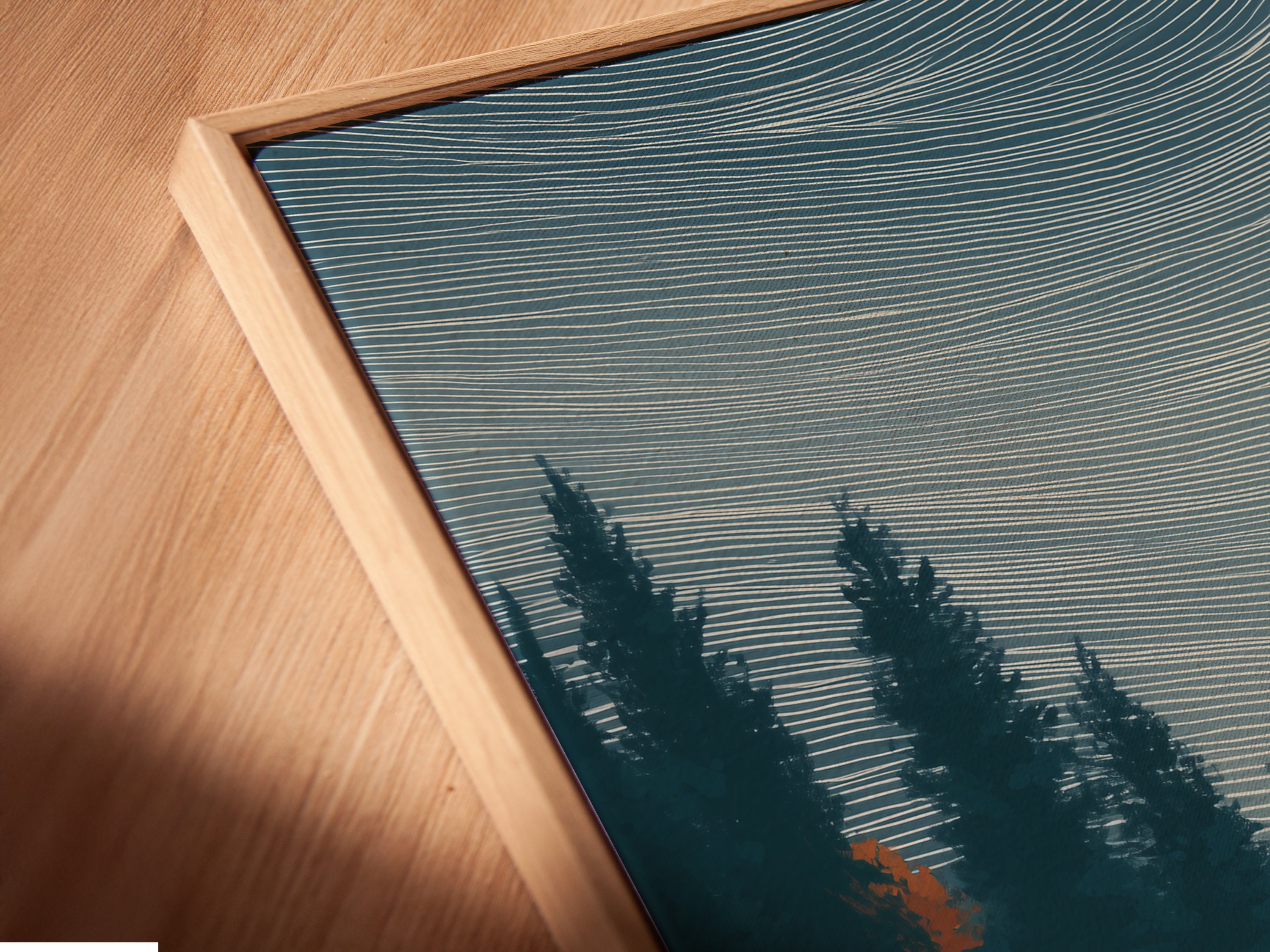 Angled close-up of a seaplane canvas artwork in a floating frame. Aviation wall artwork for cabin decor. Experience the depth and detail of this lake landscape print. Perfect for adding a modern rustic touch to your living space or office.