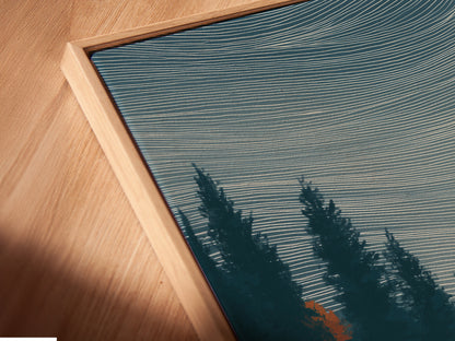 Angled close-up of a seaplane canvas artwork in a floating frame. Aviation wall artwork for cabin decor. Experience the depth and detail of this lake landscape print. Perfect for adding a modern rustic touch to your living space or office.